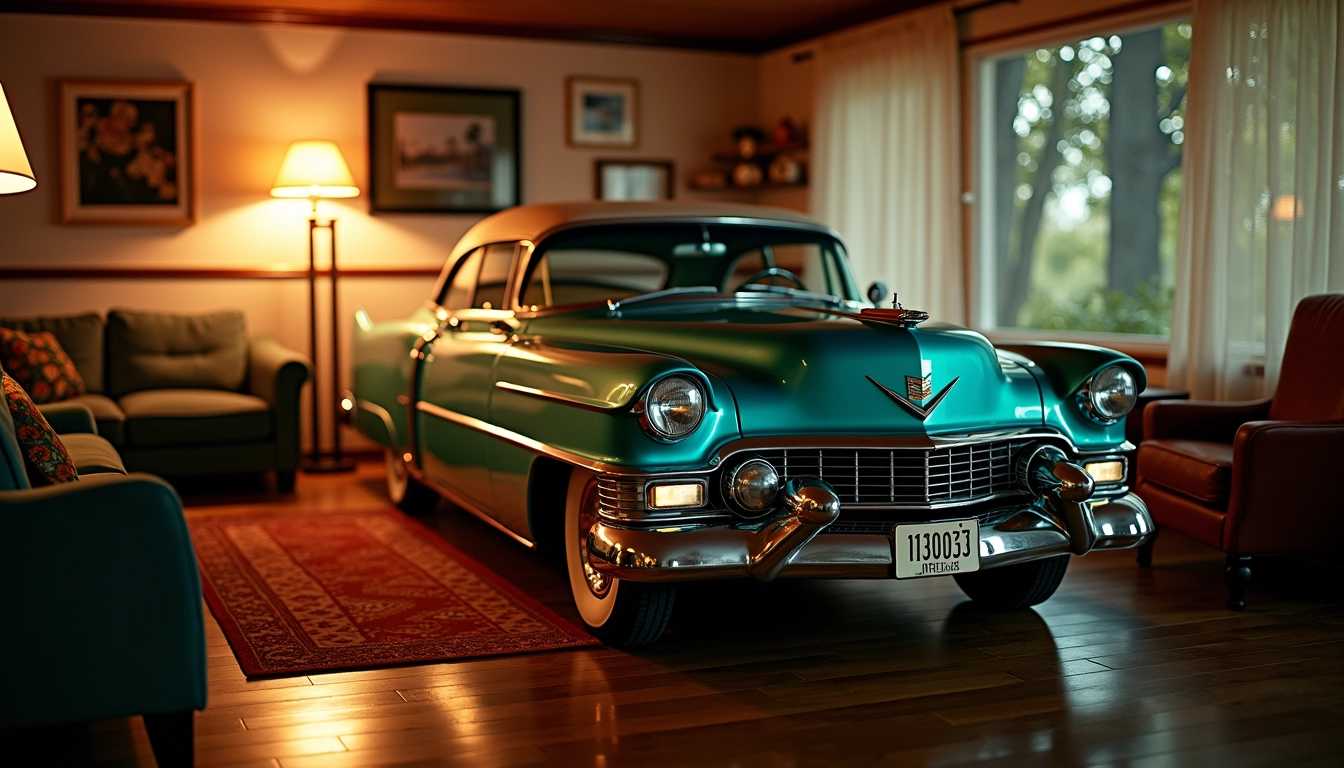 1954 Cadillac Eldorado parked inside a neat 1950s Livingroom at night, lit by a few electric lamps, cinematic lighting, bokeh
