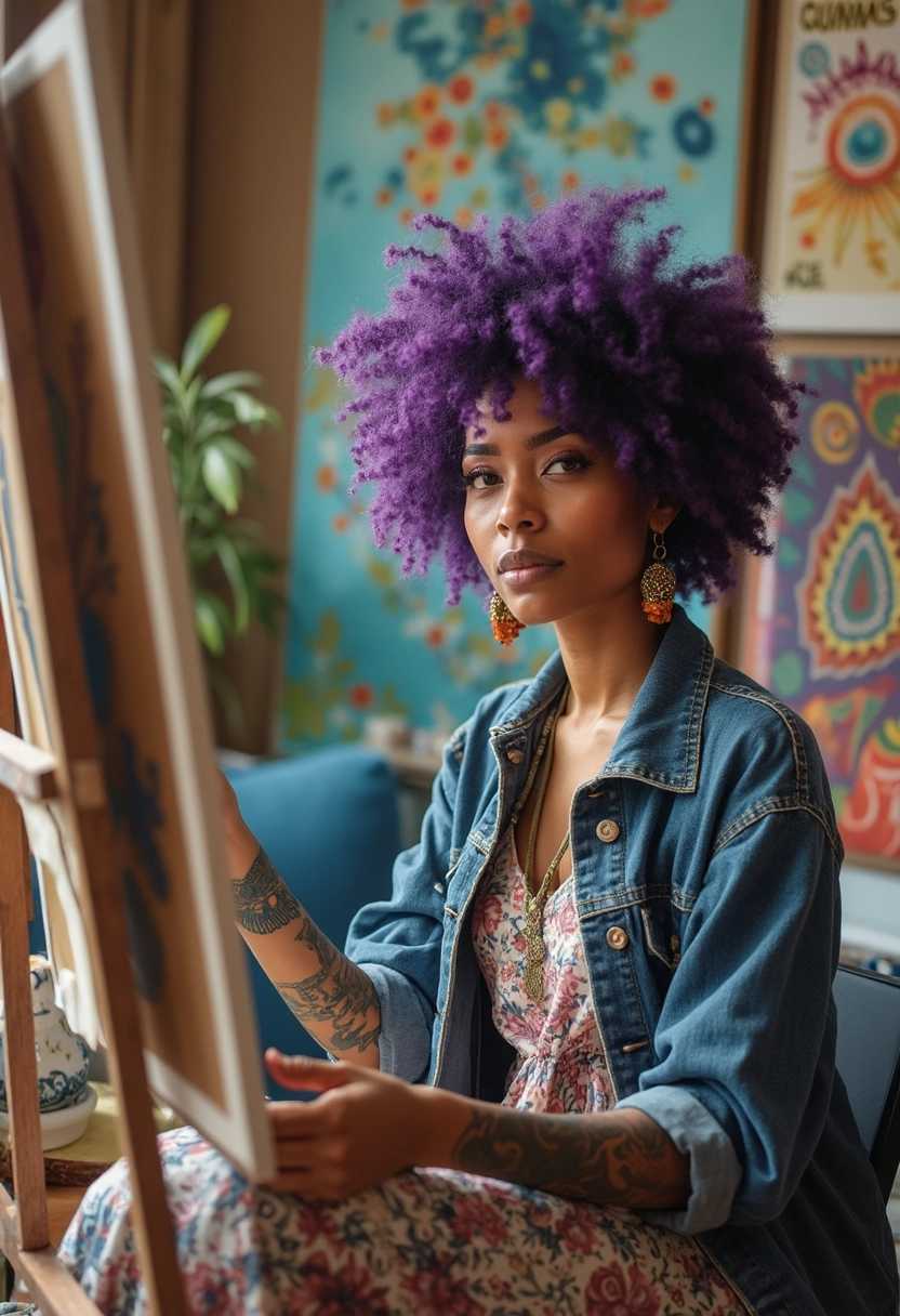 A vibrant 25-year-old woman sits in her cozy, eclectic art studio, her striking purple afro radiating creativity. Her arms are a canvas themselves, adorned with a collection of colorful tattoos that tell a story of self-expression. She wears a paint-splattered denim jacket over a flowy, bohemian dress that sways with her movements. Bright natural light floods the room, illuminating her focused expression as her sparkling eyes glisten with inspiration. Surrounding her are half-finished canvases that lean against the walls, bursting with colors and ideas. Inspirational quotes in whimsical typography hang alongside exotic trinkets collected from her travels. The atmosphere is alive with dynamic energy as she passionately engages in her creative process, the brush flying across the canvas with reckless abandon, creating a whirl of color and emotion. Capture this whirlwind of creativity, energy, and the vibrant details that reflect her artistic spirit.