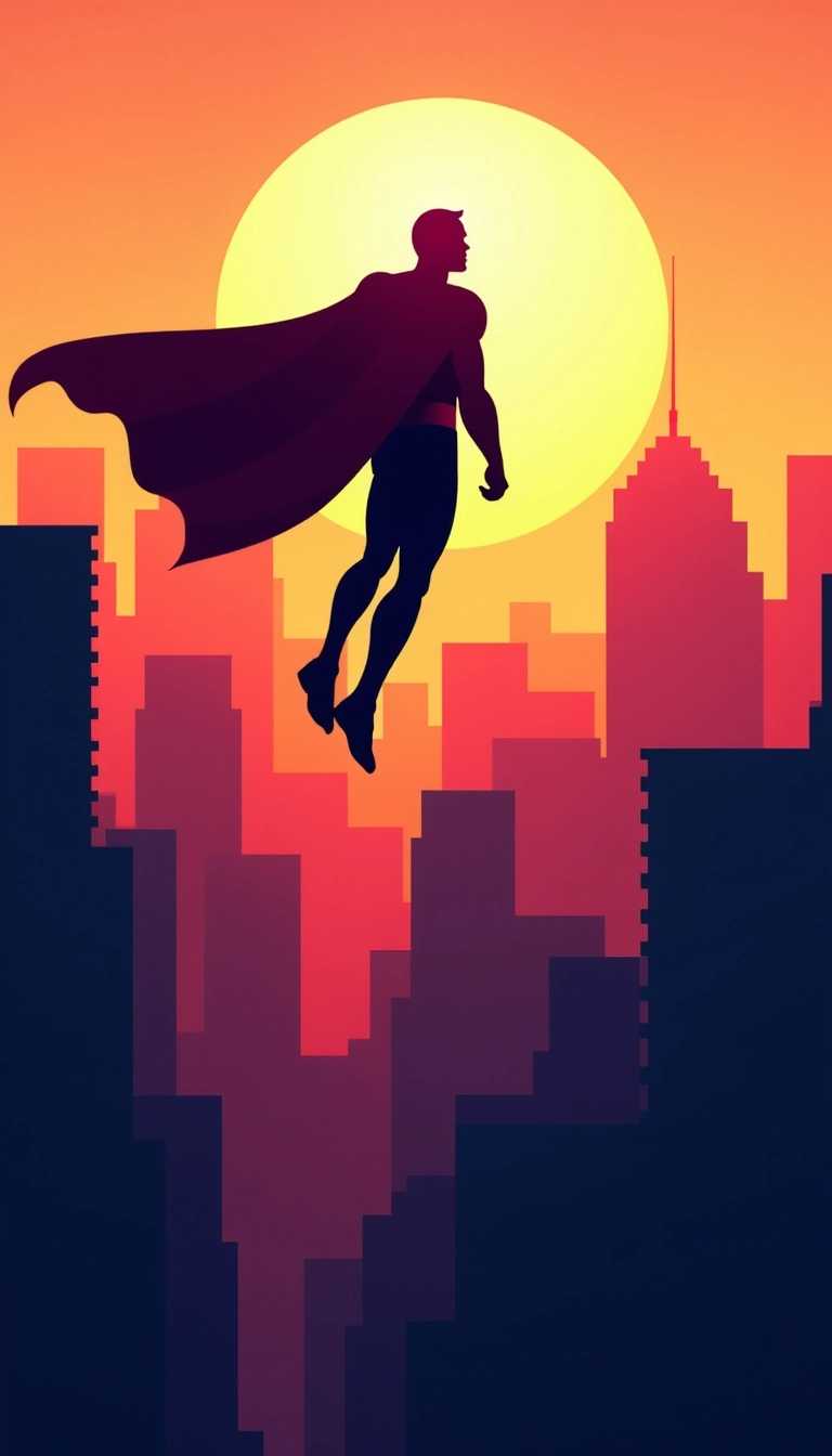 "Create an image of a superhero soaring through a vibrant city skyline at dusk. The superhero wears a sleek, futuristic suit with a flowing cape, and their silhouette is highlighted by the setting sun, casting dramatic shadows over the skyscrapers below."

