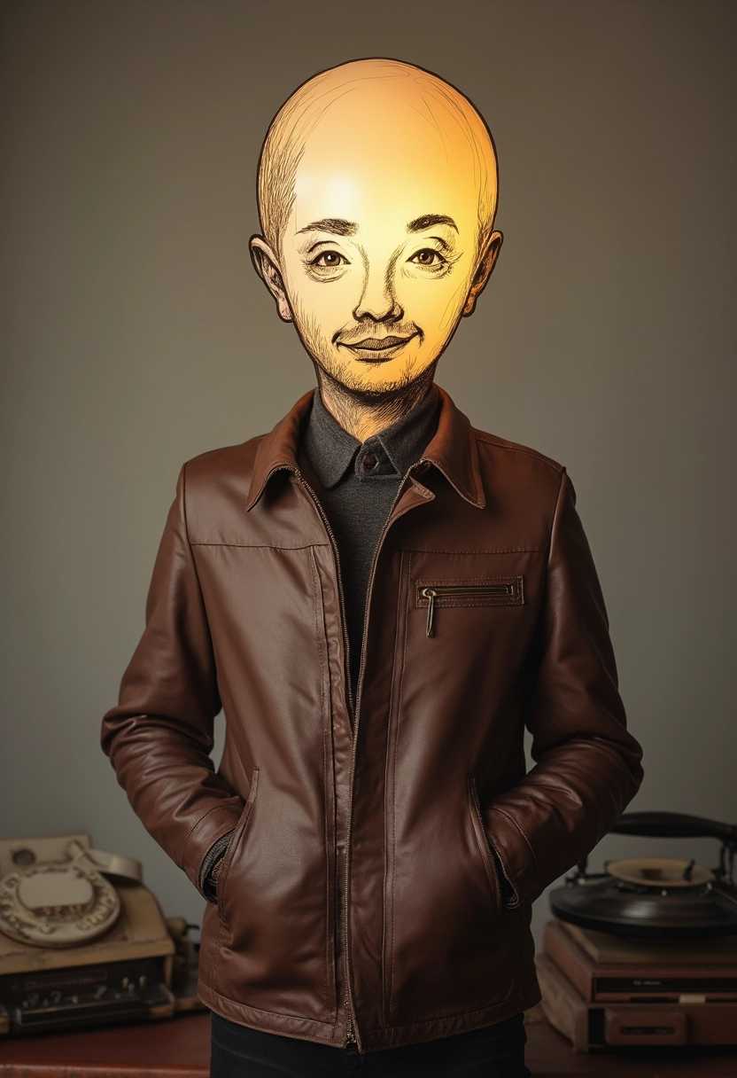 A man with a balloon head, the face meticulously drawn in Sharpie, stands against a retro-style studio background. Wearing a high-collared, vintage leather jacket in deep brown. The balloon head glows softly, lit by even studio lighting that eliminates harsh shadows. Classic props from the 1970s, like a rotary phone subtly frame the scene, adding context without overpowering the subject. The composition follows the rule of thirds, with the man positioned slightly off-center, emphasizing a nostalgic yet quirky atmosphere.