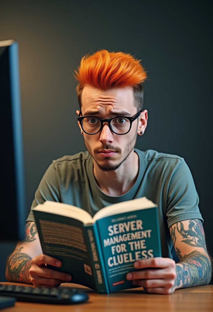 A hipster web developer with bright hair and a collection of colorful tattoos sits in front of a computer, staring at a book with title text saying "Server Management for the Clueless". Their eyes are wide with confusion, and their eyebrows are furrowed in frustration. They're wearing a worn-out t-shirt and a pair of thick, black-rimmed glasses. The book is held firmly in their hands, and their lips are pursed in concentration.