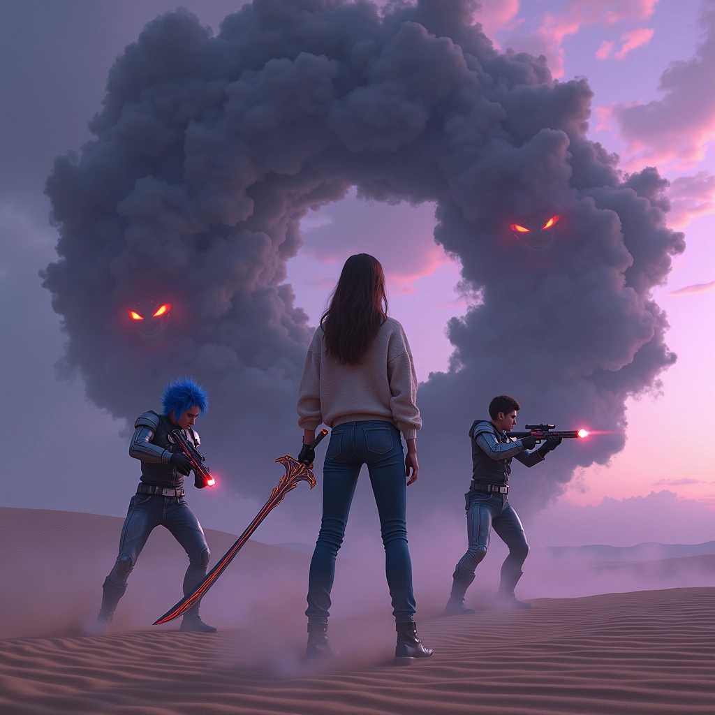 Create a stunning 8K Ultra HD image featuring a young woman standing heroically in an otherworldly landscape. She wears fitted jeans and a cozy sweater, showcasing her casual yet bold demeanor. In her hands, she wields an intricately designed, very long sword that seems to be forged from shadows, its surface swirling with subtle dark textures and faint ethereal glimmers. She is engaged in a dynamic battle against a swirling, ominous black cloud, which has fierce, glowing red eyes that pierce through the darkness, adding an element of menace.

Surrounding her are two young men, each clad in sleek, futuristic space armor that shimmers under the alien light. The man on her left has striking blue spiky hair, exuding an air of confidence and determination, while the man on her right boasts neatly combed brown hair, ready and alert with a laser gun aimed at the threat. The backdrop features a stark, forbidding desert landscape, where undulating sands ripple under the eerie glow of purple skies filled with fantastical clouds. The overall mood is one of suspense and bravery, capturing a moment of intense action in a visually mesmerizing environment.
