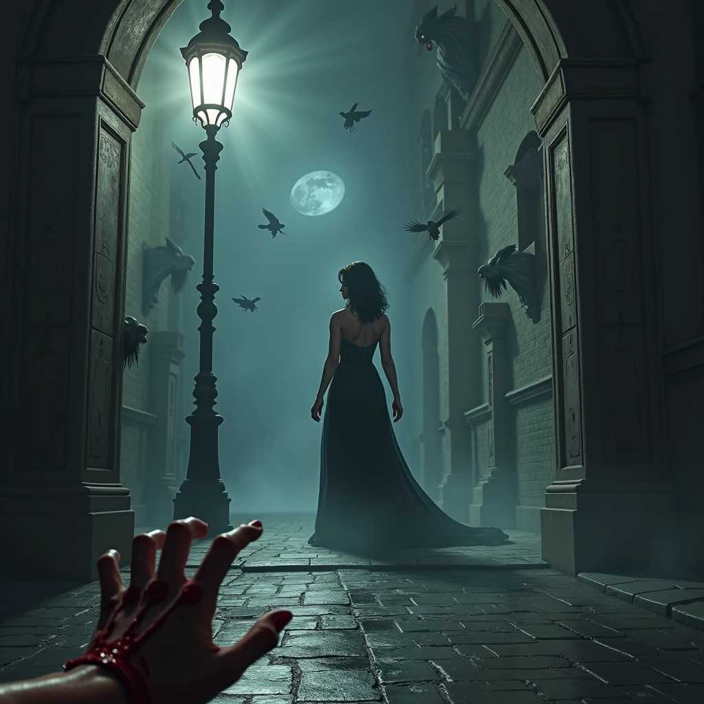 In a hauntingly atmospheric scene, a sinister entity emanates darkness, haunting an empty street illuminated by a flickering streetlamp. This entity has olive skin, dark brunette hair styled in a side-swept bob with a shimmering metallic lipstick that reflects ghostly light. The shadows cast by the streetlamp are elongated and distorted, enhancing the eerie mood of the setting. On one side, a vengeful spirit trapped in the mortal realm, featuring fair skin and a fiery redhead with half-up, half-down loose curls, whose brown glossy lips twist into a chilling smile.

In the foreground, a bloodstained hand emerges from beneath a locked door, palm open and fingers gripping the edge in desperate agony, surrounded by an air of foreboding. To enhance the fantasy element, ethereal creatures including a majestic griffin and a stoic centaur lurk in the misty background, while malevolent gargoyles perch ominously above, observing the scene with stone-cold eyes.

The composition is rich in detail, creating a masterpiece that blends dark fantasy with realism, featuring intricate design and elegant anatomy of the creatures. The ambiance is infused with a sense of dread and beauty, suitable for a high-quality Artstation-worthy piece. The overall tone conveys an underlying tension