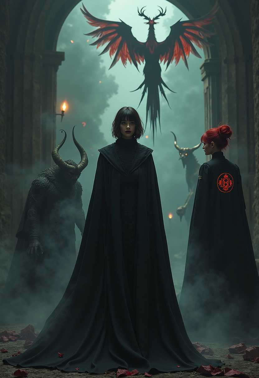 Enigmatic Gathering A Phoenix Soars amidst Mysterious Beings