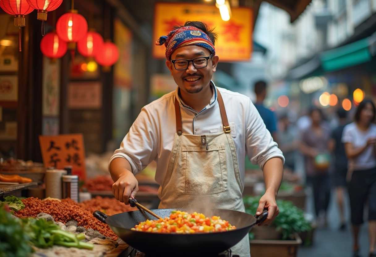 A bustling street chef with a warm, friendly smile, wearing a worn, white apron with food stains, a colorful bandana, and black-rimmed glasses. He is captured mid-action, skillfully flipping ingredients in a sizzling wok filled with colorful vegetables and aromatic spices. The street food stall is adorned with vibrant red lanterns, market signs in bold calligraphy, and an array of fresh ingredients on display. The photorealistic image highlights the rich textures and vivid colors of the food, complemented by the chef's dynamic movements and the bustling market setting. Warm, direct lighting illuminates the scene, enhancing the vibrant, lively atmosphere and the chef's charismatic presence.