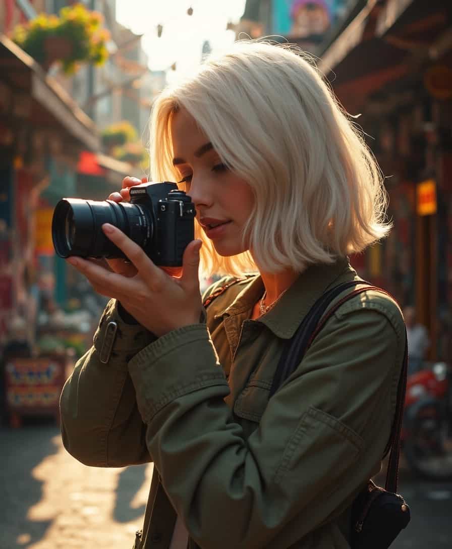 A street photographer in her mid-thirties, with a sleek bob haircut dyed platinum blonde, wearing a trendy olive-green utility jacket and a vintage camera strapped around her neck. She is captured mid-click, aiming her camera at a bustling market scene filled with colorful stalls and animated vendors. The background features a maze of narrow streets adorned with vibrant graffiti and hanging plants. The photorealistic style highlights the fine details of her camera, the textures of her clothing, and the dynamic street scene. Warm, diffused lighting from the setting sun casts a golden glow, enhancing the lively, vibrant mood of urban exploration.