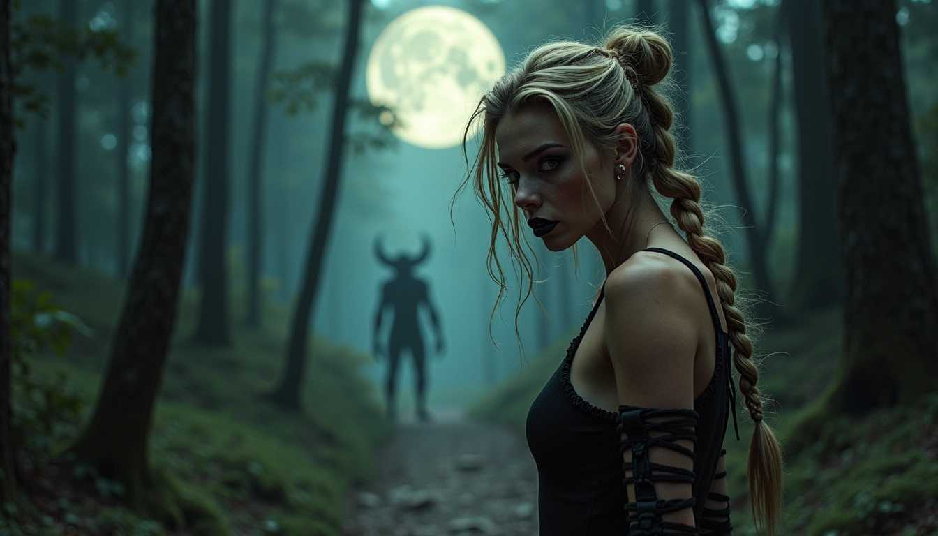 grotesque, fierce monster hunter, Olive Skin, Blonde with a fishtail braid and a messy bun, black stain lipstick, A narrow, winding path through a dense, ominous forest, griffin, wraith, BREAK, chilling, Beastly figure under the full moon, Olive Skin, Blonde with shoulder-length hair and beachy waves, peach satin lipstick, A creaking staircase leading down to a dark basement filled with mysterious objects