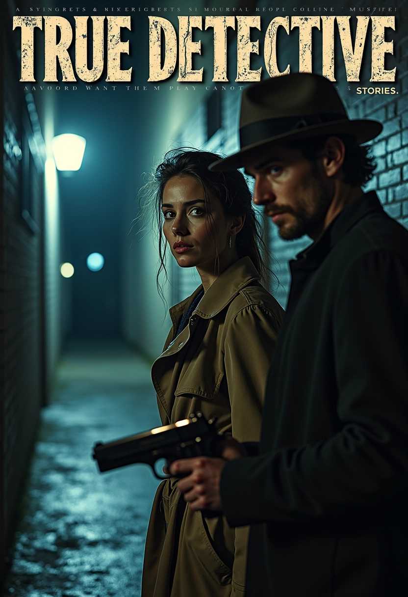 A dramatic magazine cover for "True Detective Stories," featuring a tense scene between a woman and a man in a shadowy urban alley. The woman, with expressive eyes and a look of defiance, stands slightly off-center, dressed in a vintage trench coat, her hair tousled by the wind. The man, looming menacingly, holds a gleaming handgun, his face obscured by a fedora, casting a sinister shadow across her. The background is gritty and atmospheric, with dim streetlights illuminating the damp pavement, creating a sense of danger and urgency. The title "True Detective Stories" is boldly placed at the top in a rugged, stylized font, with taglines hinting at suspense and intrigue. The color palette is dark, with moody blues and stark contrasts to emphasize the tension of the moment, evoking a classic noir aesthetic. The overall composition should convey both fear and resilience, inviting viewers into the gripping narrative of the cover story.