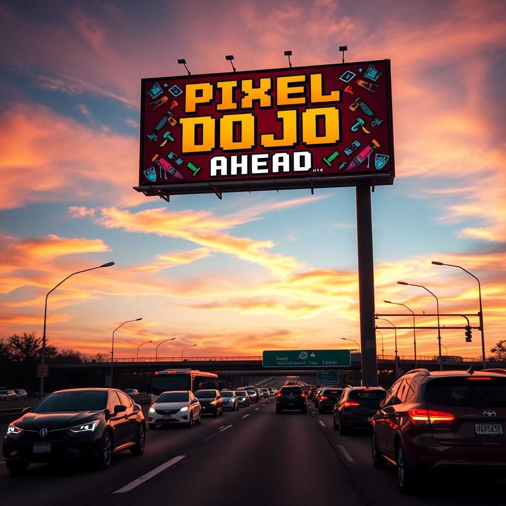Pixel Dojo Ahead: A Vibrant Highway Billboard Captivates Drivers at Dusk