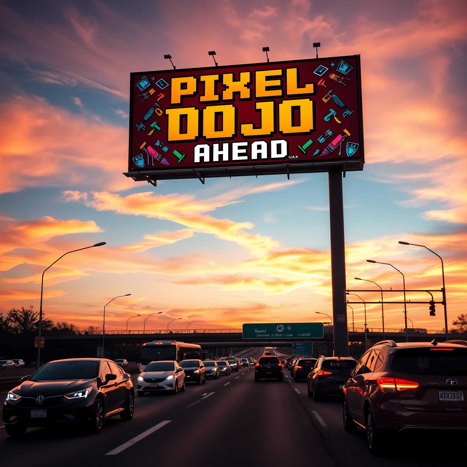 Pixel Dojo Ahead: A Vibrant Highway Billboard Captivates Drivers at Dusk