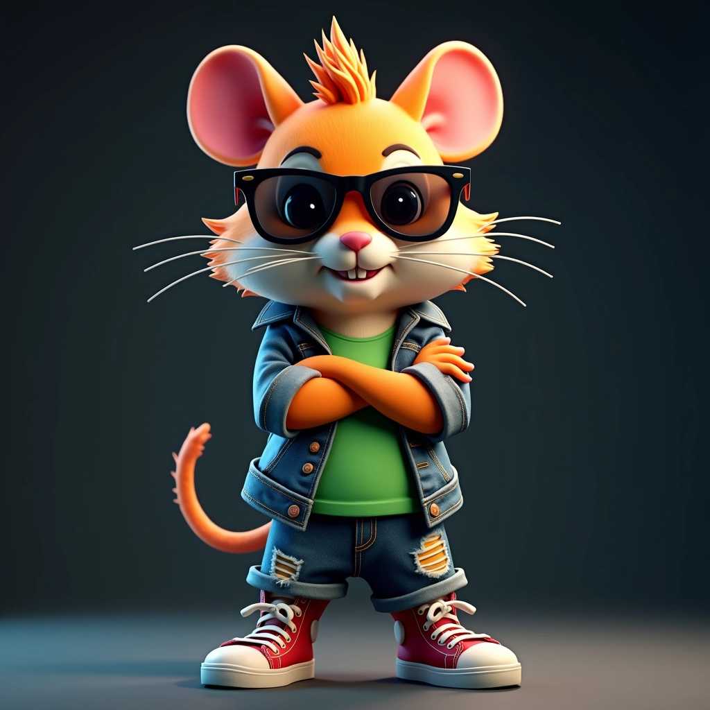 Create a 3D cartoon-style anthropomorphic hamster character that embodies a cool and edgy vibe. The character features striking spiky orange hair that stands out dramatically against a stark, moody background. It sports dark sunglasses that add an air of mystery and rebellion. The hamster is dressed in a stylish, slightly worn dark denim jacket layered over a vibrant green t-shirt, showcasing a blend of casual and trendy fashion. Below, it wears ripped denim shorts that contribute to its rebellious persona, complemented by trendy sneakers that pop with color. The character adopts a confident and defiant pose, crossing its arms, exuding an aura of attitude and independence. The overall composition should be dynamic and colorful, resembling characters from modern animated movies or video games, with a high level of detail that captures both personality and style. Emphasize shadows and highlights to enhance the 3D effect, making the character stand out against the dark backdrop.