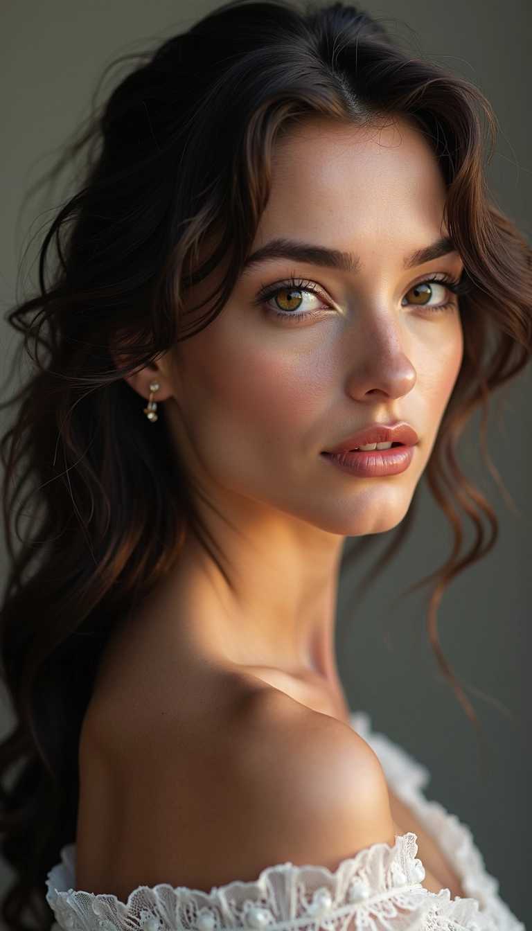 Elegant and Enigmatic A Portrait of a Woman with Luxurious Wavy Hair and Subtle Earring