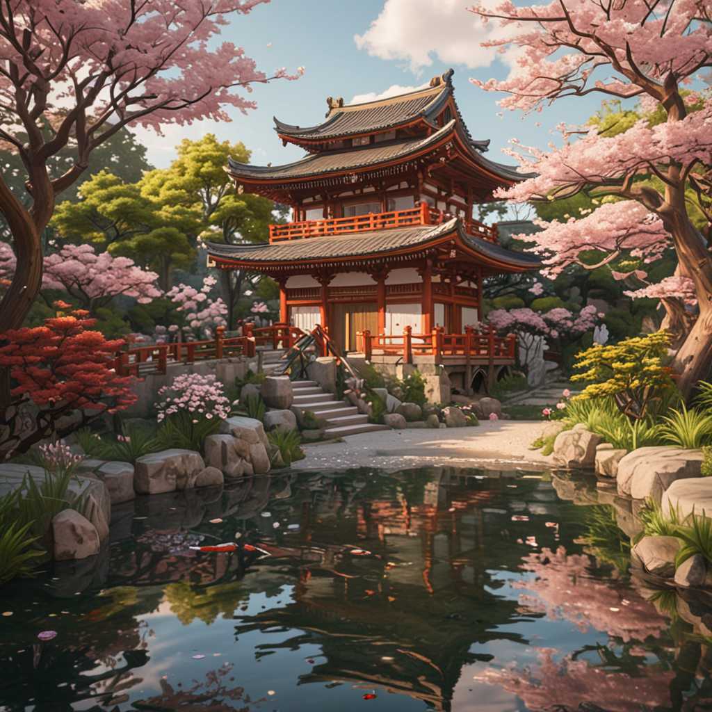 A vibrant pixel art dojo nestled in a serene Japanese garden, with cherry blossom trees in full bloom. The dojo features intricate pixelated wooden architecture, surrounded by animated koi fish swimming in a clear pond. Soft evening light casts long shadows, creating a tranquil and inviting atmosphere.