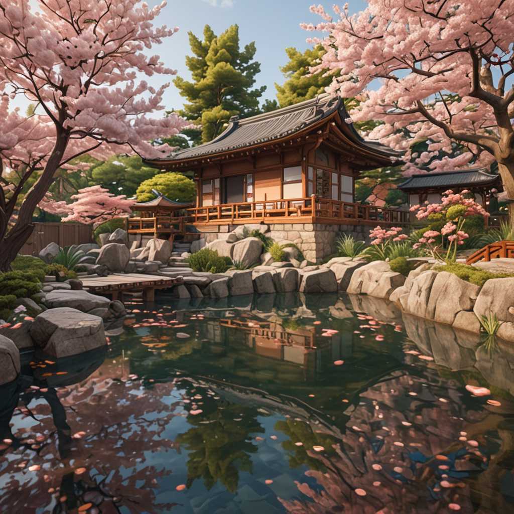 A vibrant pixel art dojo nestled in a serene Japanese garden, with cherry blossom trees in full bloom. The dojo features intricate pixelated wooden architecture, surrounded by animated koi fish swimming in a clear pond. Soft evening light casts long shadows, creating a tranquil and inviting atmosphere.