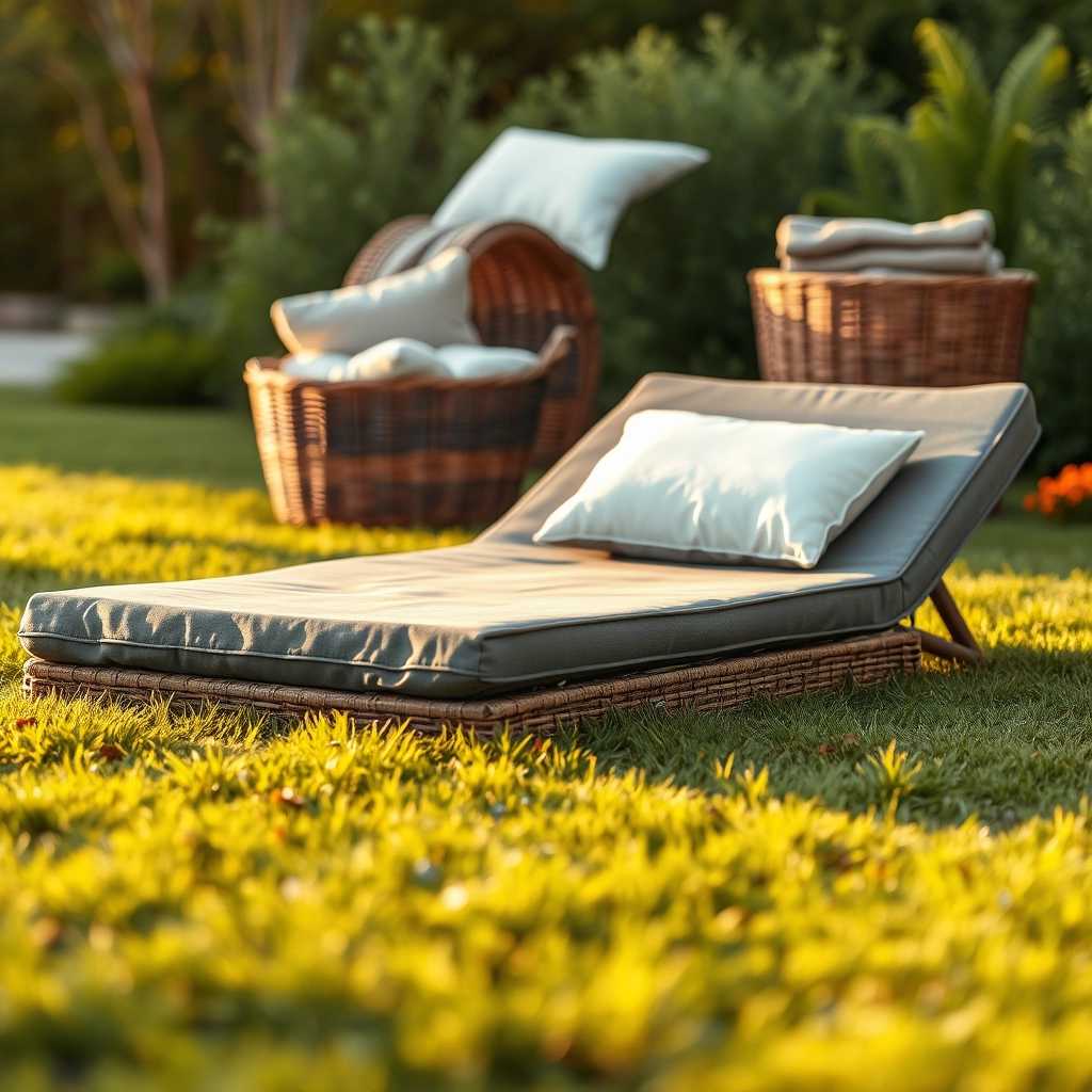 The image captures a tranquil outdoor scene in what appears to be a garden during the late afternoon or early evening. The warm, golden-hour light casts a soft glow across the scene, enhancing the textures and colors of the objects. The main focus is a 3 part foldable mattress with grey polyester cover. A white cushion rests at the top, inviting someone to recline.

The mattress is positioned on a well-maintained lawn, the grass lush and green, with slight variations in color due to the interplay of light and shadow. In the background, partially blurred due to a shallow depth of field, there are two wicker baskets filled with folded blankets or cushions, adding to the cozy and serene ambiance of the setting.

The camera is positioned at a low angle, close to the ground, enhancing the perspective of the lounge chair, making it appear more prominent within the frame. The angle also brings out the texture of the woven material, emphasizing its natural, rustic appeal. The distance from the subject suggests a medium close-up, focusing on the chair while still incorporating enough of the background to set the scene.

The overall composition and warm color palette evoke a sense of calm and comfort, ideal for a quiet, relaxing evening outdoors. The interplay of light and texture, along with the strategic use of focus, contributes to the inviting and peaceful mood of the image.