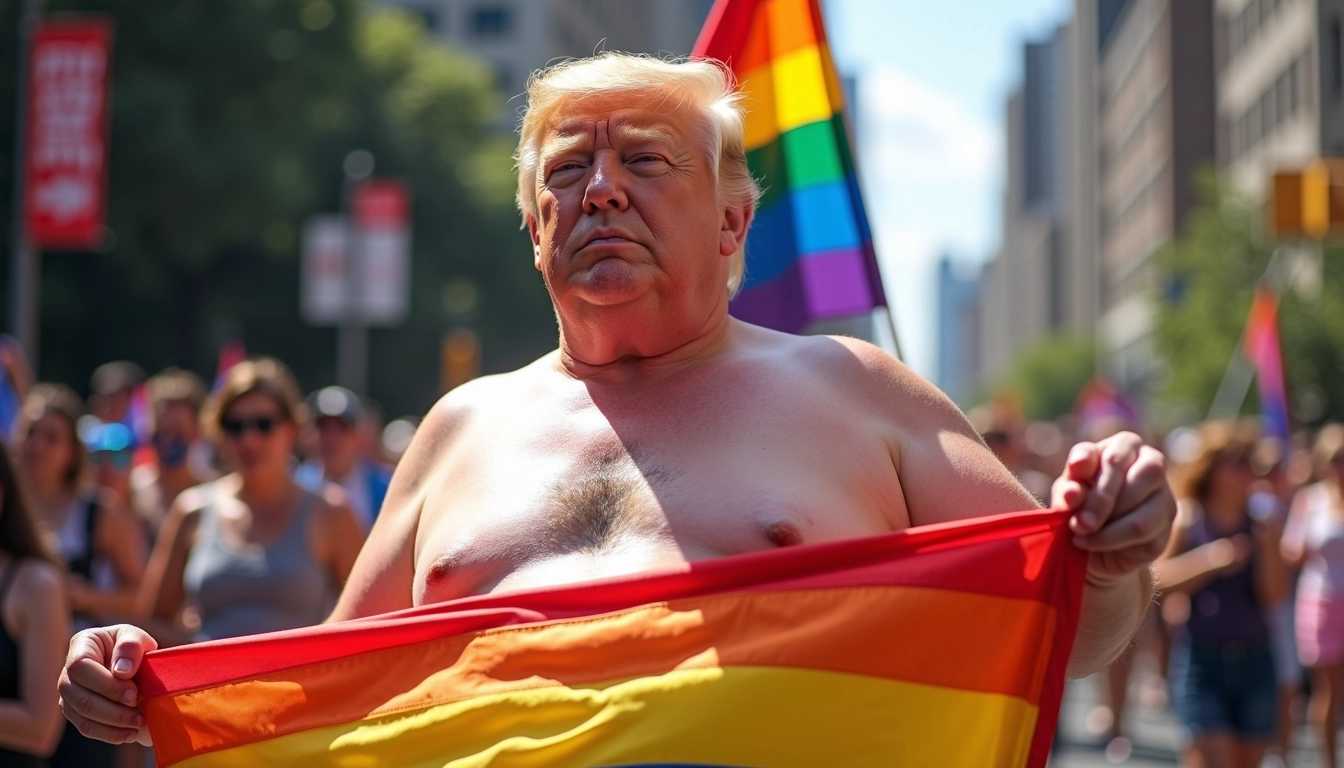 naked fat Trump under a rainbow flag at a pride parade