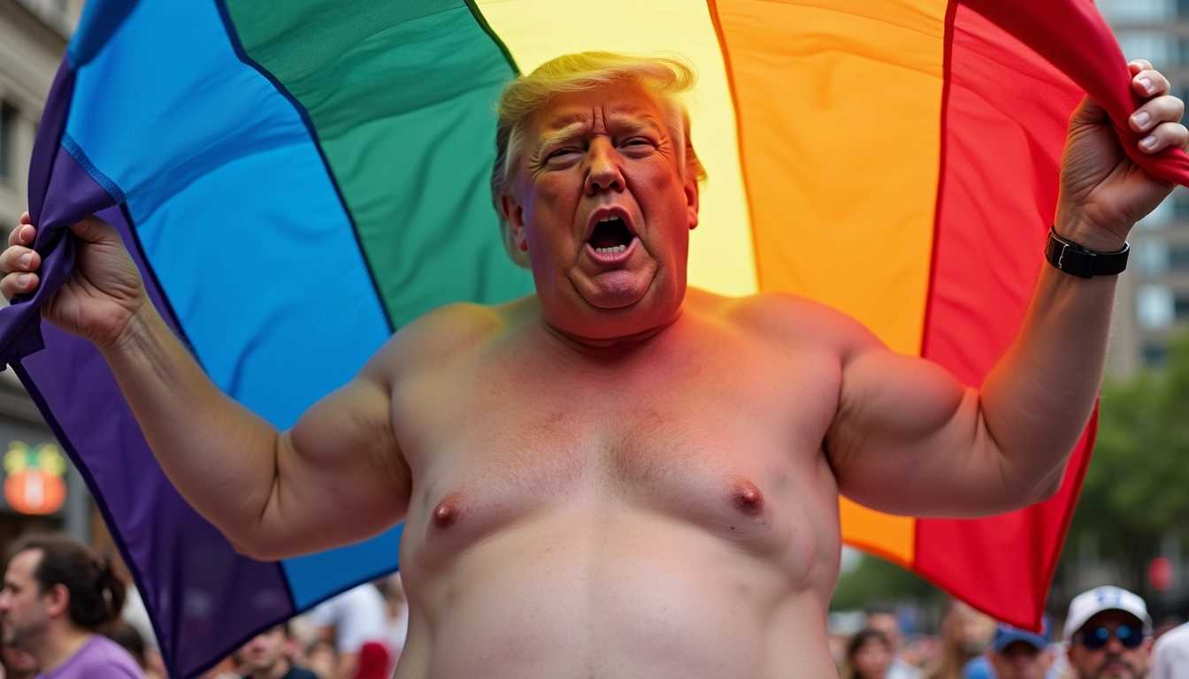 naked fat Trump under a rainbow flag at a pride parade