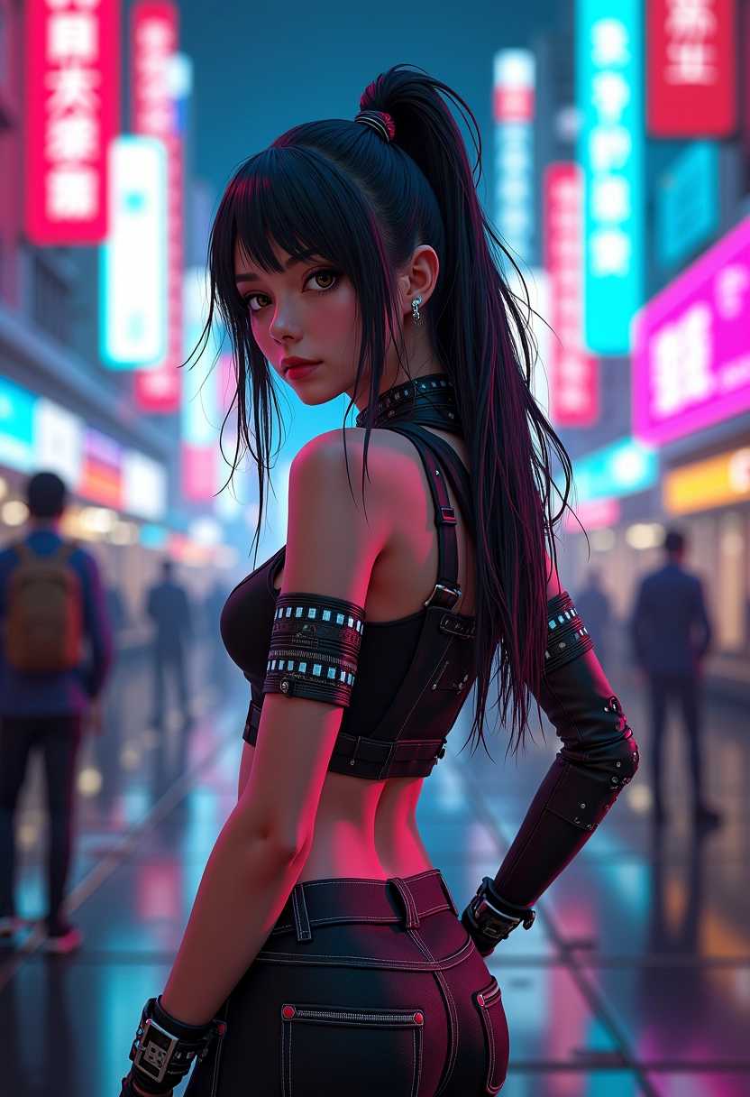 (busty girl) in a (futuristic cyberpunk city), dynamic urban background with neon lights, (vibrant color scheme), glowing holograms, intricate patterns, high-tech gadgets, dramatic shadows, (high detail), (cybernetic enhancements), action pose, sleek and stylish clothing, futuristic accessories, ultra-detailed, immersive atmosphere, vibrant and electrifying mood.