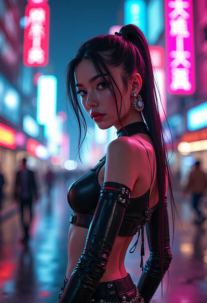 (busty girl) in a (futuristic cyberpunk city), dynamic urban background with neon lights, (vibrant color scheme), glowing holograms, intricate patterns, high-tech gadgets, dramatic shadows, (high detail), (cybernetic enhancements), action pose, sleek and stylish clothing, futuristic accessories, ultra-detailed, immersive atmosphere, vibrant and electrifying mood.
