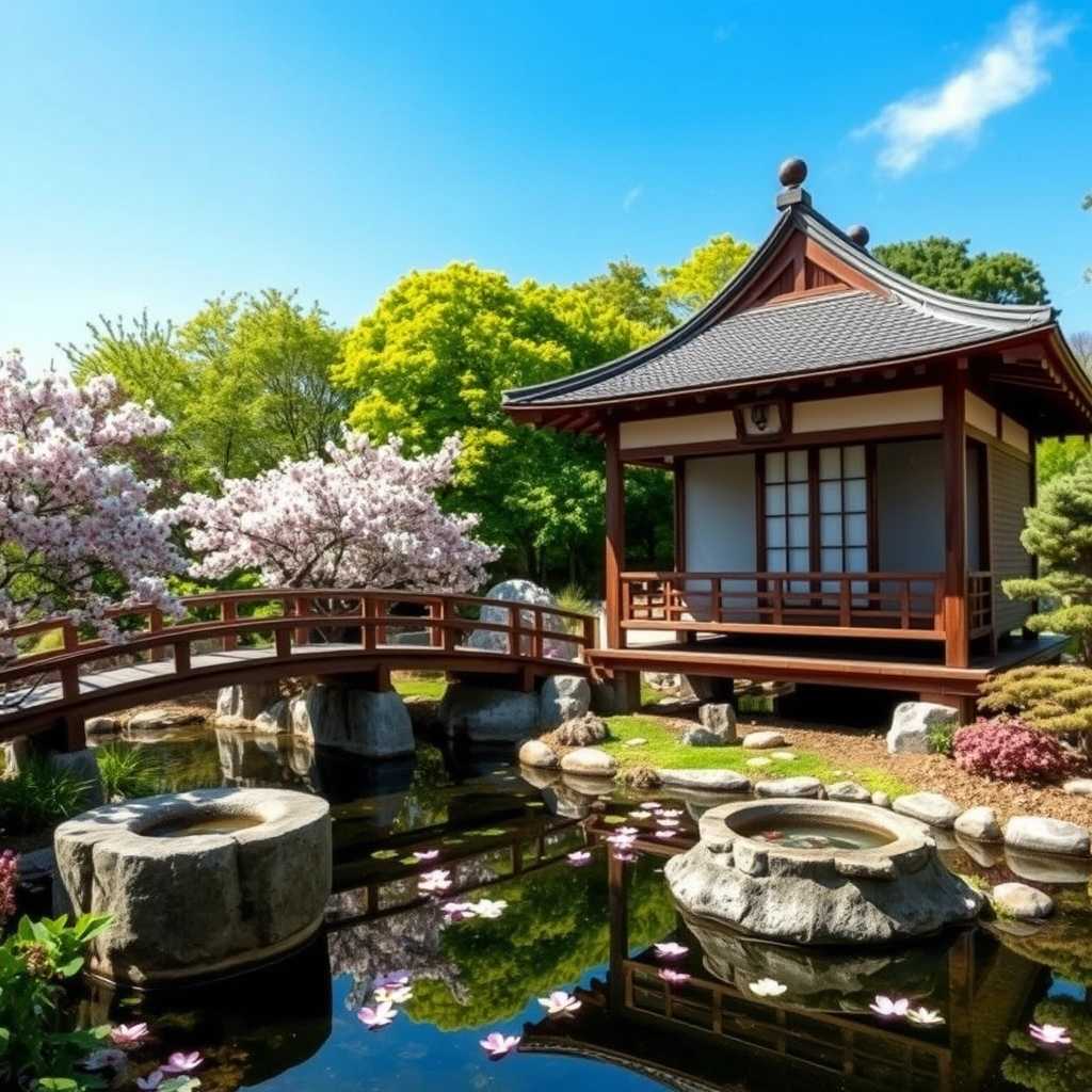 Create a serene Japanese garden scene with a traditional wooden tea house, a calm pond with floating cherry blossoms, and a stone tsukubai water basin. Include a curved wooden bridge over the pond and a backdrop of vibrant green foliage under a clear blue sky.