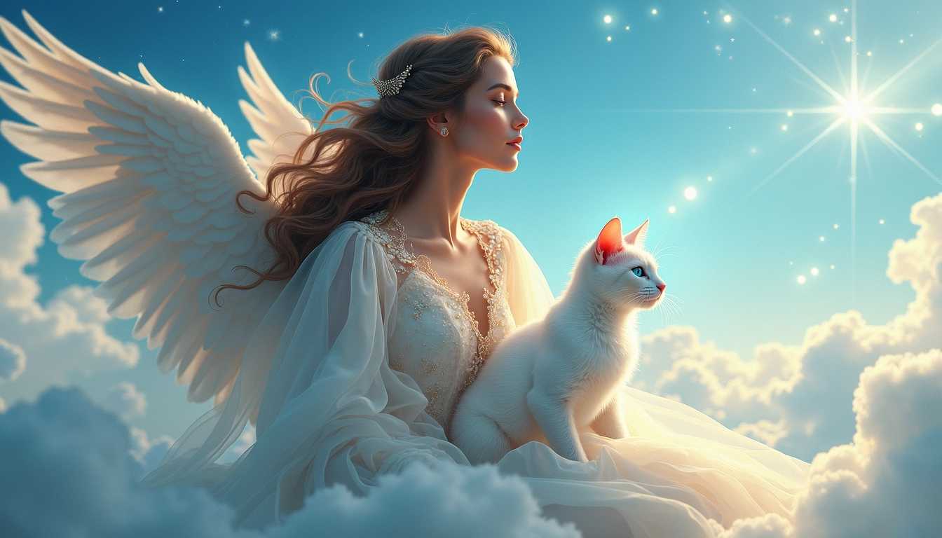 Une déesse féminine majestueuse aux longs cheveux bruns ondulés, flottant gracieusement sur un nuage céleste lumineux, baignée dans une douce lumière dorée. Elle est dotée de superbes ailes translucides et éthérées qui scintillent comme des plumes au soleil, apportant une aura divine autour d'elle. À ses côtés, deux chats aux pelages d'un blanc immaculé, avec des yeux bleu azur brillants, expriment une curiosité malicieuse. Le ciel en arrière-plan est d'un bleu profond, parsemé de nuages délicats et moelleux, tandis que des éclats de lumière et des étoiles scintillent çà et là, créant une atmosphère magique et sereine. La composition met en valeur la beauté et la puissance de la déesse, tout en soulignant l'harmonie et la connexion entre elle et les animaux. Le style artistique est empreint de réalisme fantastique, révélant des détails minutieux dans les textures des plumes, des nuages et des fourrures. L'ensemble évoque une sensation de calme et de mystère, transportant le spectateur dans un monde enchanteur.