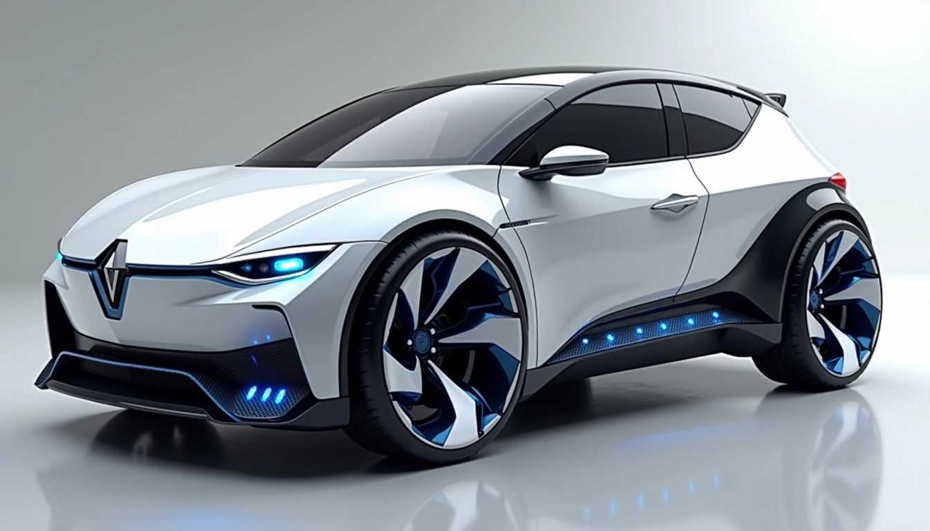 Create a futuristic compact car design with a white and black color scheme, featuring angular headlights, a sharp front bumper with integrated LED lights, and large multi-spoke wheels with a blue and white design. The car should have a sleek, aerodynamic profile with a sloping roofline and visible blue structural elements. Reflective surfaces and a glossy finish should enhance its high-tech appearance.