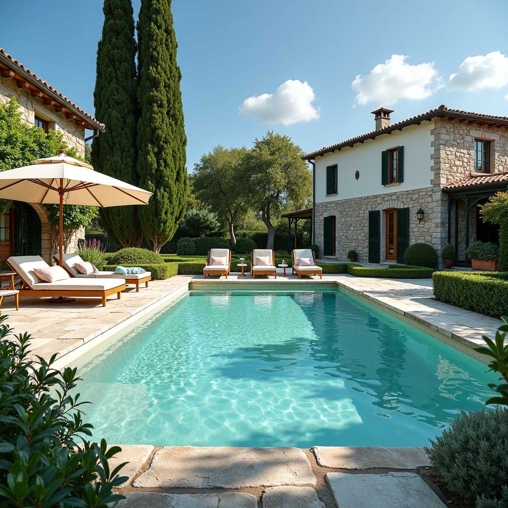 A picturesque scene of a tranquil, private estate unfolds, centered around a large rectangular swimming pool filled with crystal-clear turquoise water that sparkles under the gentle sunlight. The pool is beautifully bordered by a rough-hewn natural stone wall, enhancing the organic feel of the setting. Surrounding the pool, a meticulously paved patio is adorned with tasteful outdoor furniture—a lush seating area featuring plush cushions in soft pastel hues, inviting visitors to unwind and soak in the serenity. A generously sized parasol casts gentle shade over the seating, creating an intimate nook for relaxation.

In the background, a charming traditional stone building with a classic terracotta roof is elegantly situated. Its white plastered walls contrast beautifully with the vibrant greenery surrounding it. The estate is enveloped by luscious foliage, with manicured bushes providing structure and a tall cypress tree offering height and depth to the landscape. The scene is set beneath a serene blue sky, dappled with a few cottony clouds, imbuing the atmosphere with a sense of peace. Overall, this idyllic tableau embodies relaxation and leisure, inviting viewers to escape into a world of tranquility and natural beauty.