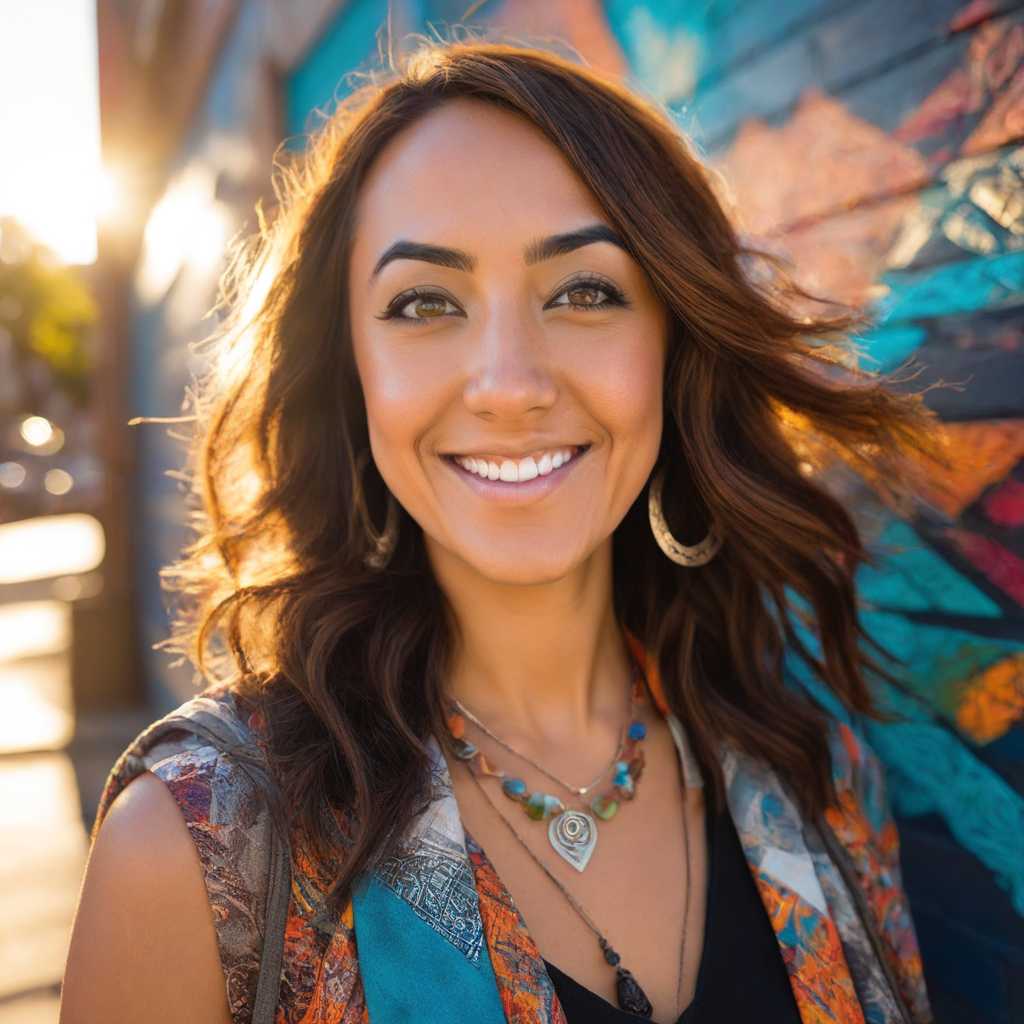 A woman with medium-length brown hair and a warm smile, wearing a colorful bohemian top with a floral pattern, layered necklaces with beads and a pendant, large hoop earrings, standing in front of a colorful mural with a mix of blue, orange, and red hues, bathed in sunlight.