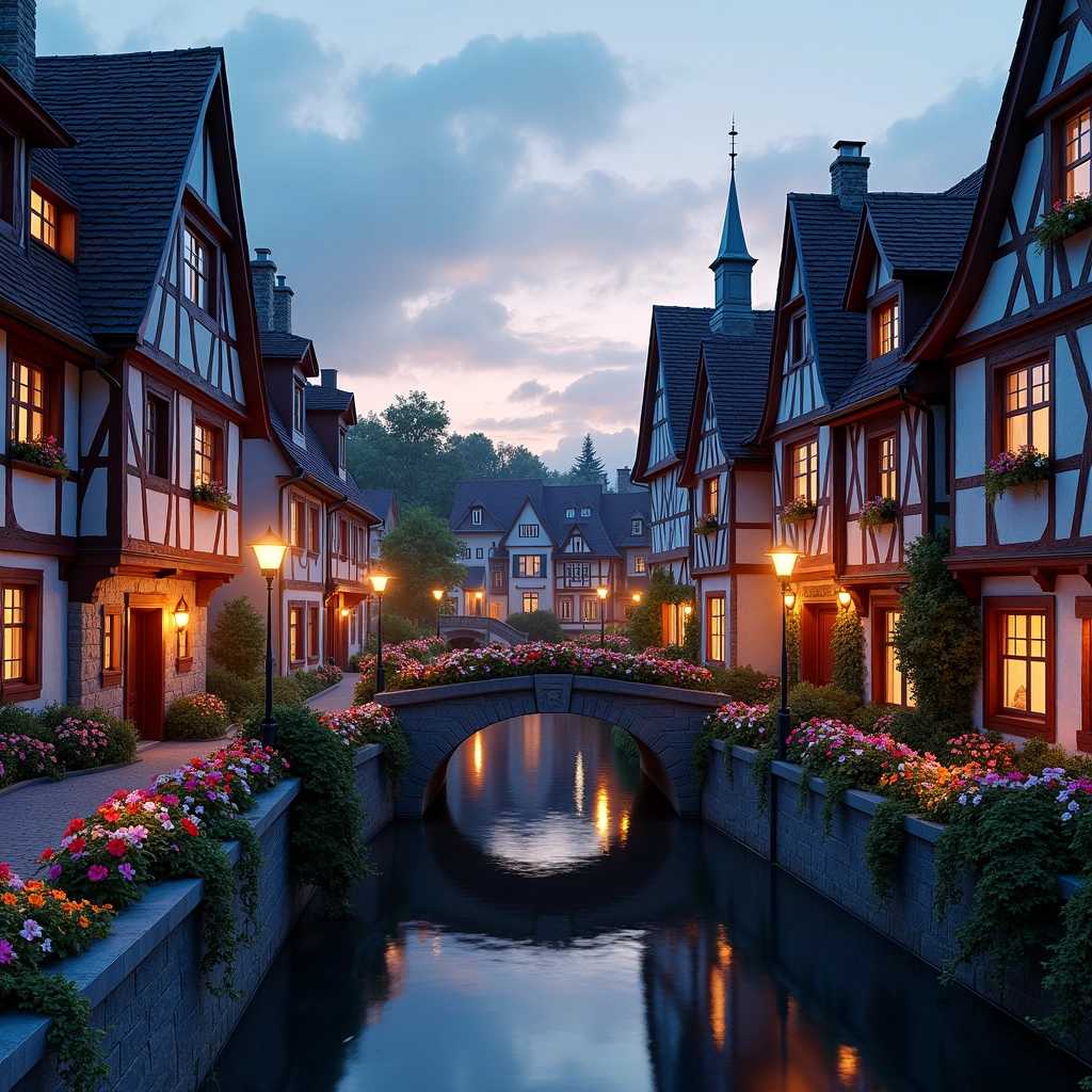 A picturesque European town at dusk, showcasing charming half-timbered houses with steeply pitched roofs and exposed timber framing lining a tranquil canal. A gracefully arched stone bridge spans the waterway, adorned with vibrant blooming flowers that add pops of color. The sky transitions through a stunning gradient of twilight blue to soft orange hues, with scattered clouds creating a serene backdrop. Delicate street lamps illuminate the scene, casting a warm, inviting glow that reflects off the still waters of the canal and highlights the colorful blossoms. The overall mood is peaceful and romantic, capturing the essence of an idyllic town free from modern distractions, with intricate architectural details and a serene atmosphere ideal for a storybook fantasy, style vray rendering
