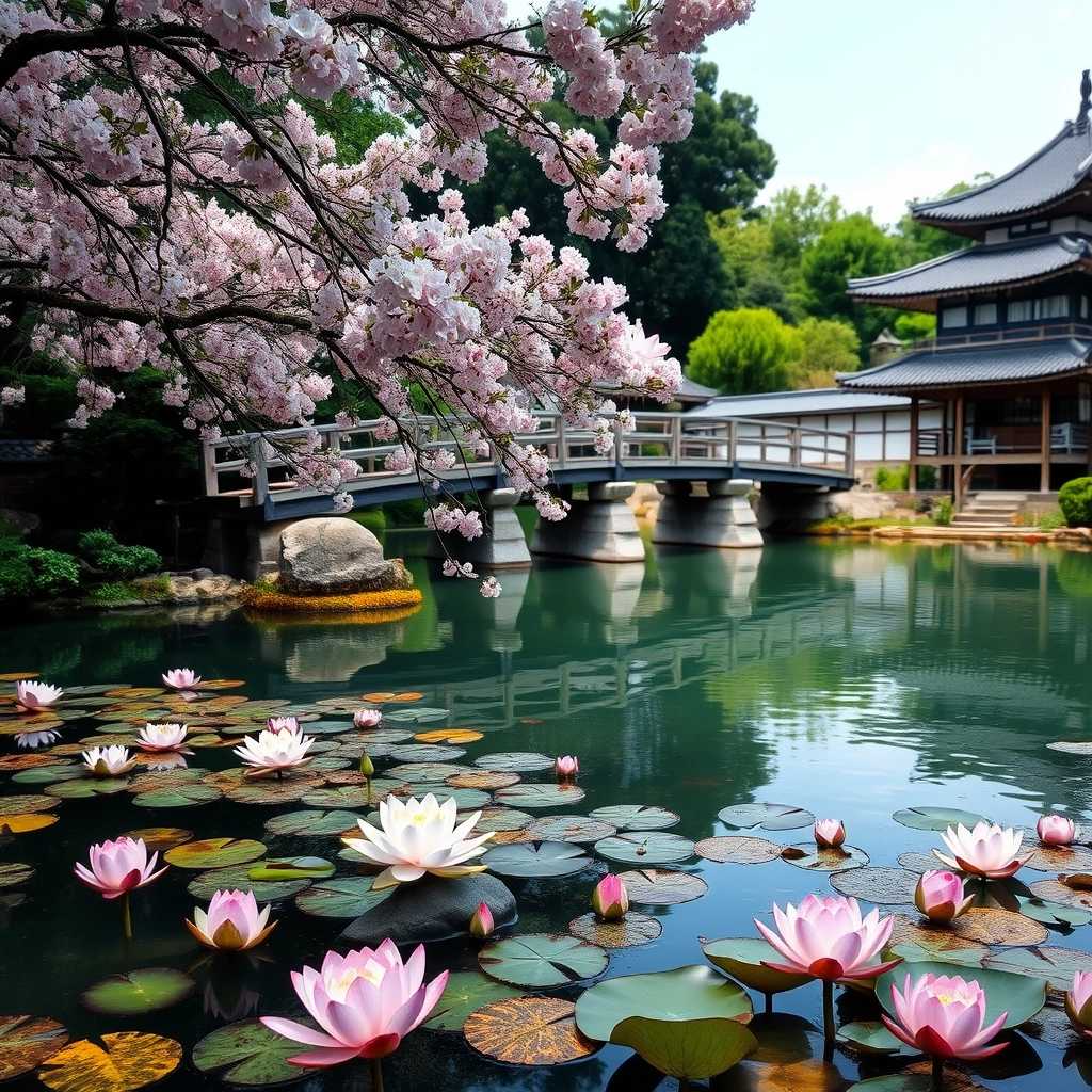 This image depicts a serene and picturesque Japanese garden scene. The garden is a harmonious blend of natural elements and traditional Japanese architecture, creating a tranquil and meditative space.

In the foreground, there is a calm pond with floating lotus flowers in shades of pink and white. The water is clear, reflecting the sky and the surrounding flora. On the right side of the pond, there is a traditional Japanese tea house with a curved roofline and a pagoda-style structure. The tea house is elevated on stilts, typical of Japanese garden design, to blend with the natural surroundings and to avoid disturbing the water table.

A wooden bridge arches gracefully over the pond, connecting two parts of the garden. The bridge is supported by large, smooth stones, and the railings are simple yet elegant, allowing for an unobstructed view of the water and the lotus flowers.

Flanking the pond are cherry blossom trees in full bloom, their delicate pink petals contrasting beautifully with the green of the surrounding foliage. The trees are in the foreground, suggesting that the season is spring, a time when cherry blossoms are particularly celebrated in Japan.

The garden is also adorned with various other plants and shrubs, including some with vibrant red leaves that provide a pop of color against the predominantly green backdrop. The plants are carefully curated to create a sense of depth and continuity within the garden.

The sky is a clear blue, with a few wispy clouds, contributing to the overall sense of peace and calm. The sunlight filters through the trees, casting dappled shadows on the ground and highlighting the textures of the foliage and the smooth surfaces of the pond and the stones.

Overall, the garden is a testament to the meticulous attention to detail and the balance of nature and architecture that characterizes traditional Japanese garden design. It invites quiet contemplation and a deep appreciation for the beauty of the natural world. <|endoftext|>