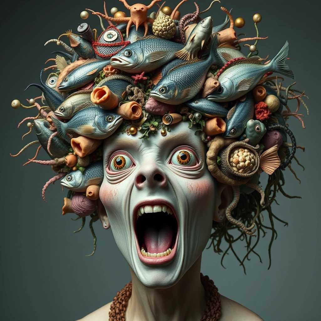 This image is a surreal and striking portrayal of a figure with a highly detailed and elaborate hairstyle and facial features. The hairstyle is a dense collection of various elements that resemble a fantastical amalgamation of sea creatures and natural forms. It includes what appears to be a variety of fish, with their scales and fins intricately detailed, some with their mouths open as if caught in a moment of surprise or aggression. 

The hair also features what seem to be tentacles, seaweed, and coral, all in a spectrum of colors that mimic the ocean's depths. The texture of the hair is wild and unkempt, with strands sticking out in different directions, giving the impression of a living, organic mass.

The facial features are equally elaborate, with the figure's eyes being the most prominent. They are large, with a fish-like appearance, and are surrounded by a halo of what could be bubbles or small, round, sea creature-like appendages. The figure's mouth is wide open, as if in mid-shout or scream, and is lined with sharp, tooth-like protrusions that resemble the teeth of predatory fish.

The figure is wearing a traditional garment, which appears to be a kimono, with a pale blue collar and a gray body. The garment is adorned with lace and floral patterns, which contrasts with the chaotic and wild nature of the hairstyle and facial features.

The overall effect of the image is one of a surreal and otherworldly being, possibly a mythical sea creature or a character from a fantasy story. The use of natural elements and the traditional garment suggest a deep connection to nature and a cultural heritage, while the exaggerated features create a sense of drama and intensity. <|endoftext|>