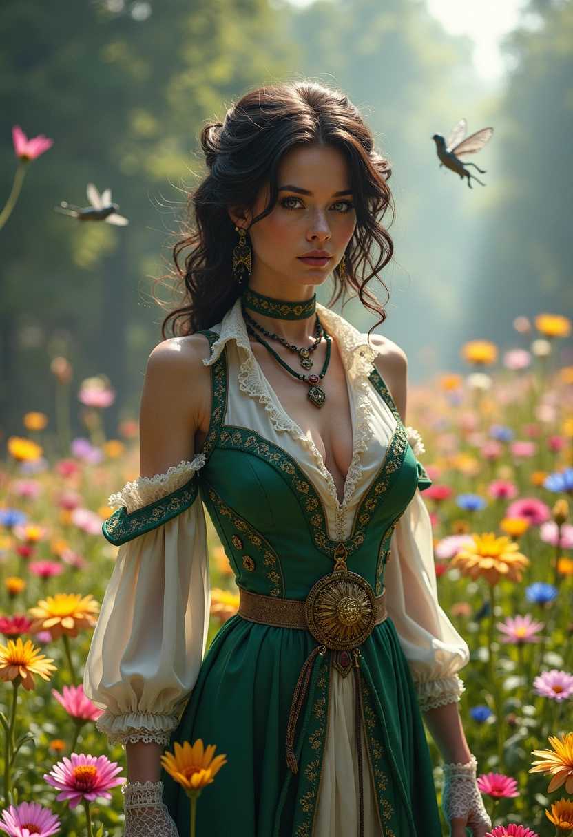 A powerful necromancer stands confidently in an enchanted meadow, raising an army of undead with an aura of authority and magic. She wears an elegant afternoon tunic tailored for both style and power, adorned with intricate patterns reflecting her mystical abilities. A herbal sachet hangs at her waist, filled with potent herbs that shimmer with magical energy, complemented by delicate lace gloves that add a touch of grace to her commanding presence. 

Her appearance is strikingly ethereal: she possesses a tall, firm stature and a diamond-shaped face framed by shoulder-length, curly dark brown hair styled in a formal updo, showcasing her sharp chin and pouty lips, glistening with golden metallic lipstick. Her fair skin radiates an otherworldly glow, and her piercing grey eyes, wide nose, and composed expression exude confidence and determination. 

The backdrop features a vibrant meadow filled with colorful flowers—pinks, yellows, and blues—each petal shimmering under the soft afternoon light. Magical creatures, such as fairies and mythical beasts, frolic among the blooms, their luminescent bodies casting playful shadows. The atmosphere is charged with enchantment and the anticipation of dark magic unfolding, creating a scene that balances beauty and foreboding as the necromancer commands her undead