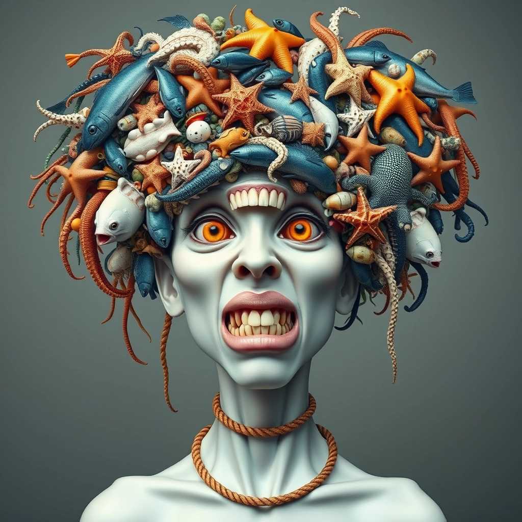 Create a surreal portrait featuring a figure with an exaggeratedly wide-open mouth, displaying sharp teeth and a gaping jaw. The figure has a pale, almost translucent skin tone with pronounced cheekbones and a stark white face. The eyes are large, with vivid orange irises and long, black pupils, conveying a sense of shock or surprise. The hair is a wild, fantastical headdress bursting with an assortment of sea creatures and marine life, including detailed fish, starfish, octopi, and seaweed, in a variety of colors like blue, orange, and green. The creatures are arranged in a seemingly random yet harmonious manner, intertwining and overlapping to create a dense, voluminous hairstyle. The figure is wearing a simple, textured necklace around the neck, which could be made of rope or a braided material, in a warm brown color that contrasts with the cool tones of the headdress. The background is a muted, neutral gray, which serves to highlight the figure and the intricate details of the headdress. <|endoftext|>