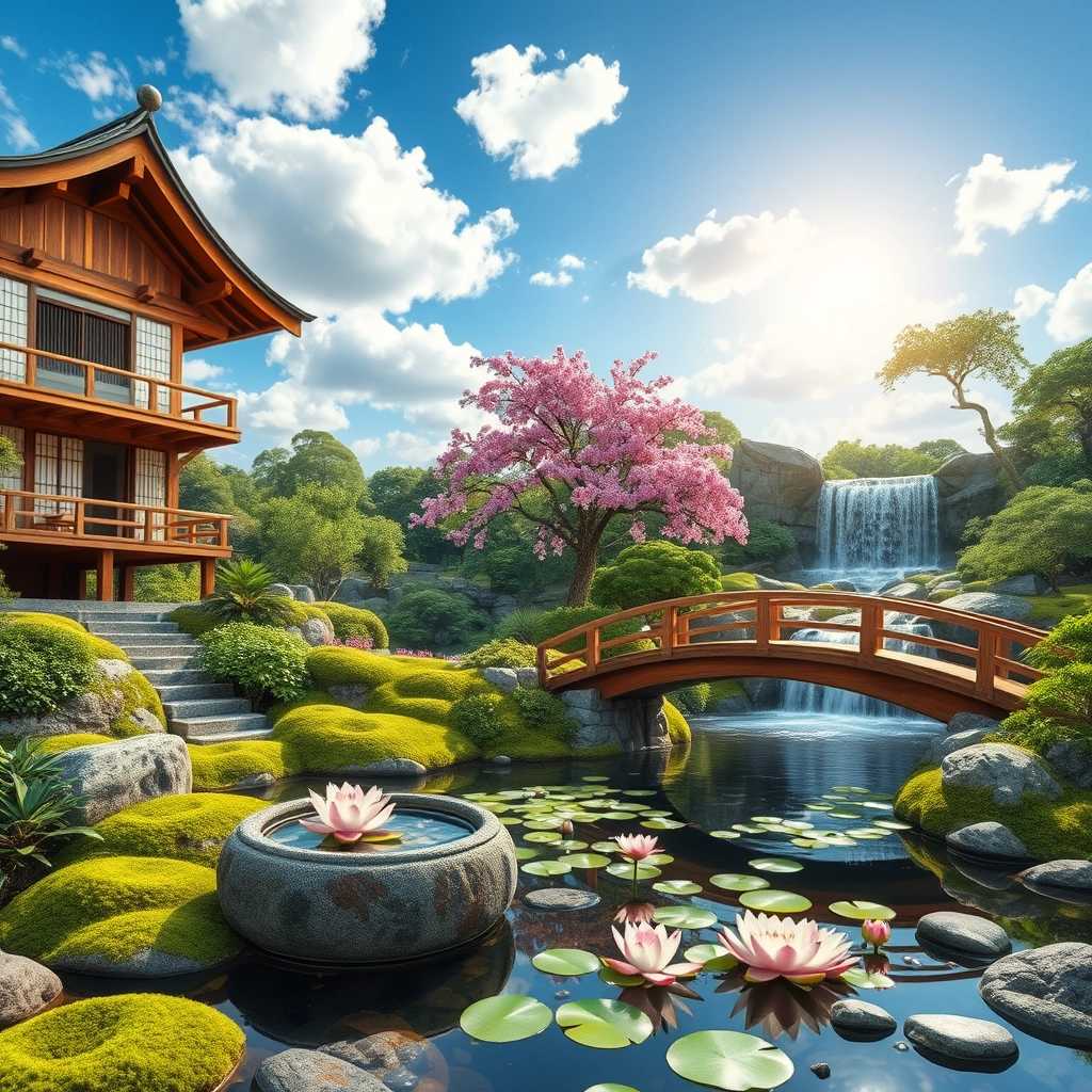 Create a tranquil Japanese garden scene with a traditional wooden tea house featuring a curved roof, shoji doors, and a balcony railing. Include a stone tsukubai water basin and a small wooden bridge over a calm pond with floating lotus flowers. Surround the pond with moss-covered rocks and a variety of greenery, including a vibrant cherry blossom tree in bloom. The background should showcase a clear blue sky with scattered clouds, and the entire setting should be bathed in natural sunlight. <|endoftext|>