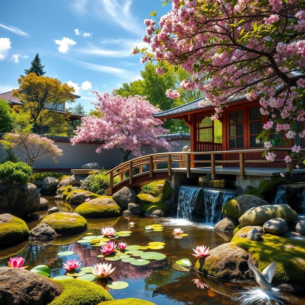 Create a tranquil Japanese garden scene with a traditional wooden tea house featuring a curved roof, shoji doors, and a balcony railing. Include a stone tsukubai water basin and a small bridge over a calm pond with floating lotus flowers. Surround the pond with moss-covered rocks and a variety of greenery, including a vibrant cherry blossom tree in bloom. The background should showcase a clear blue sky with scattered clouds, and the entire setting should be bathed in natural sunlight. <|endoftext|>