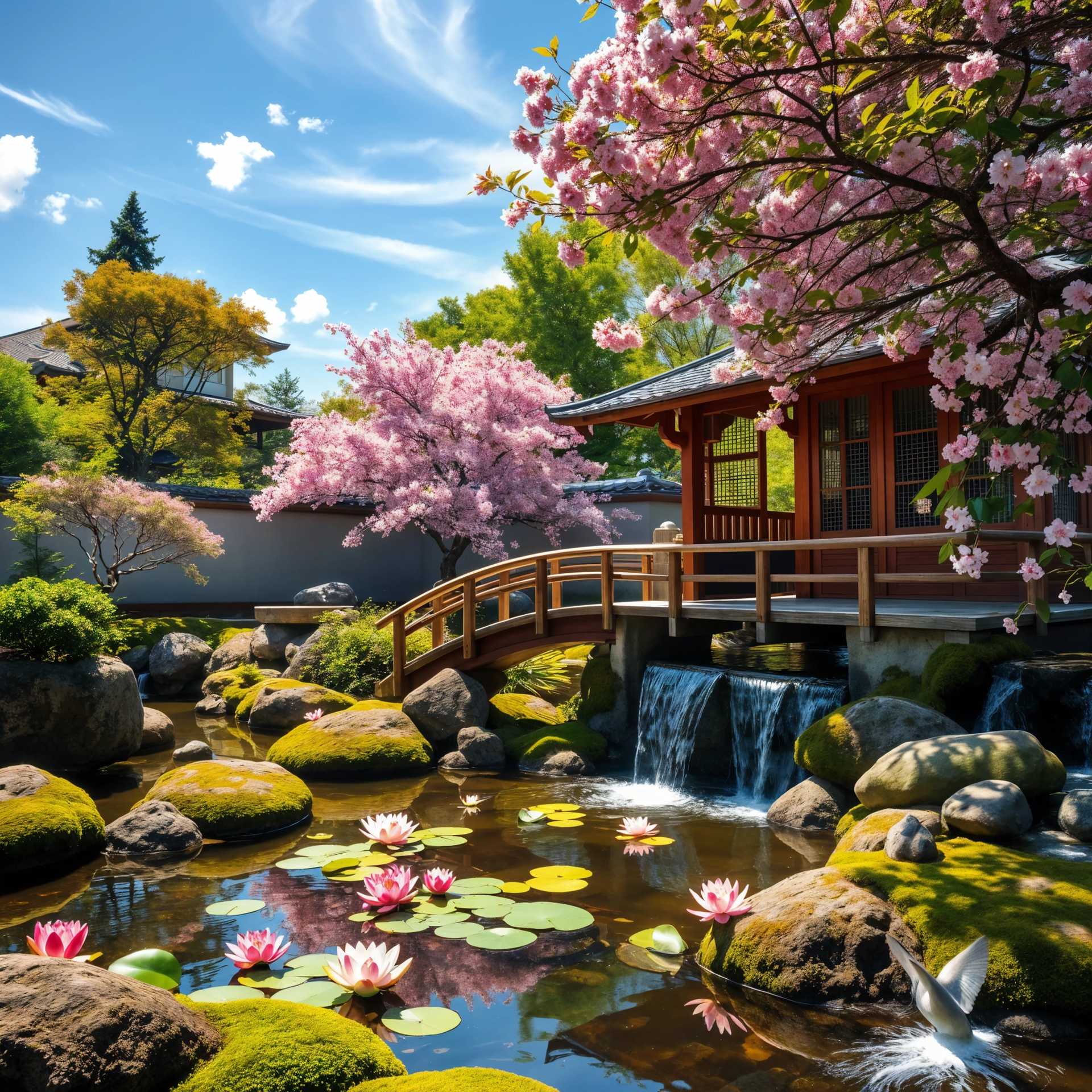 Cherry Blossoms and Lotus Pond in a Traditional Japanese Garden