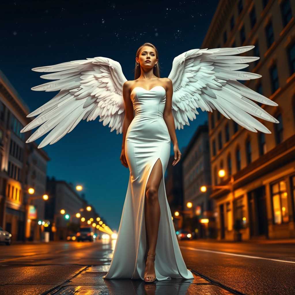 Create an image of a female figure with majestic, expansive white angel wings unfurled behind her. She is dressed in a formfitting, elegant white gown with a sweetheart neckline and a thighhigh slit that flows around her legs. The dress is cinched at the waist, giving her a graceful silhouette. The setting is a city street at night, with the glow of street lamps and distant city lights casting a warm, golden hue on the wet pavement. The sky above is a deep, starry blue, suggesting the quietude of early evening or the onset of nightfall. The buildings are classic urban structures, with a mix of architectural styles, and the scene is devoid of any other people or vehicles, highlighting the figures prominence. The overall atmosphere is one of serene mystery, with the figure exuding an aura of otherworldliness and grace amidst the urban environment.
