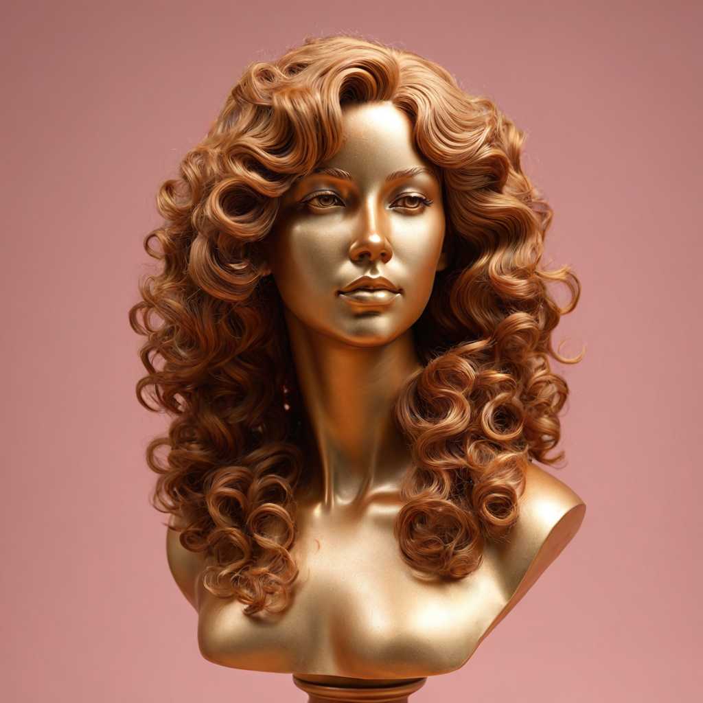 a statue of a portrait of a women wavy hair made entirely of cooper dust