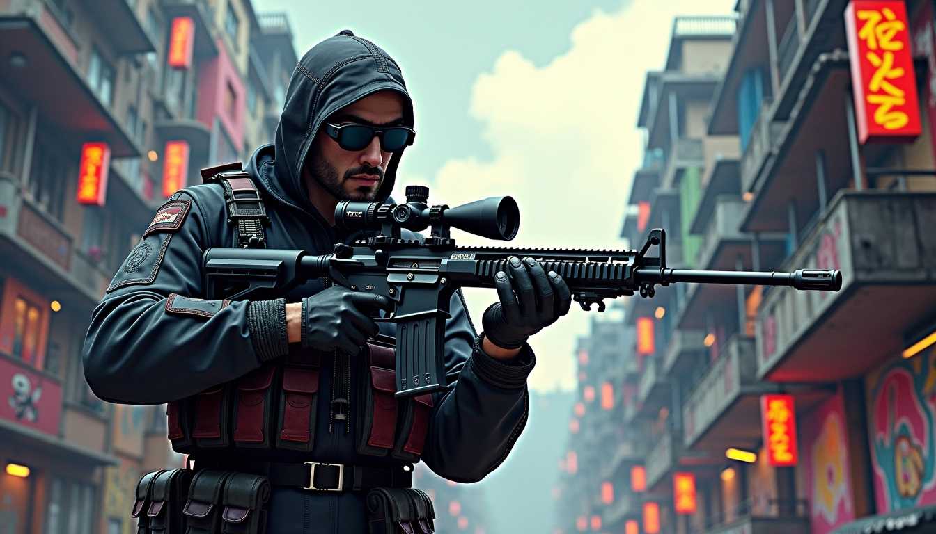 Create a breathtaking 3D render of a Call of Duty sniper, clad in an intricate tactical suit that showcases both functionality and style. His facial expression should evoke a sense of menace, hinting at his lethal skills. Set against a dark, fantasy-inspired cityscape, the background features dilapidated buildings adorned with vibrant graffiti, creating a stark contrast with the tactical gear. Integrate a rich and varied color palette that shifts from deep shadows to vivid highlights, emphasizing the chaos and energy of urban decay.

Incorporate bold typography elements that harmonize with the overall aesthetic while maintaining a cinematic and anime-inspired illustration style. The sniper should be centrally positioned, with detailed focus on his gear and expression. Blend in conceptual art elements with touches of wildlife photography to give an impression of wild resilience amidst the urban environment. 

Infuse the image with vintage Ukiyo-e art motifs to lend it depth and historical resonance, weaving traditional influences with modern urban themes. The final composition should resonate with a unique vibrancy, combining aspects of graffiti culture, dark fantasy architecture, and the meticulous detail of portrait painting, creating an eye-catching piece suitable for a poster or illustration that captures the imagination and draws the viewer into this strikingly crafted world.
