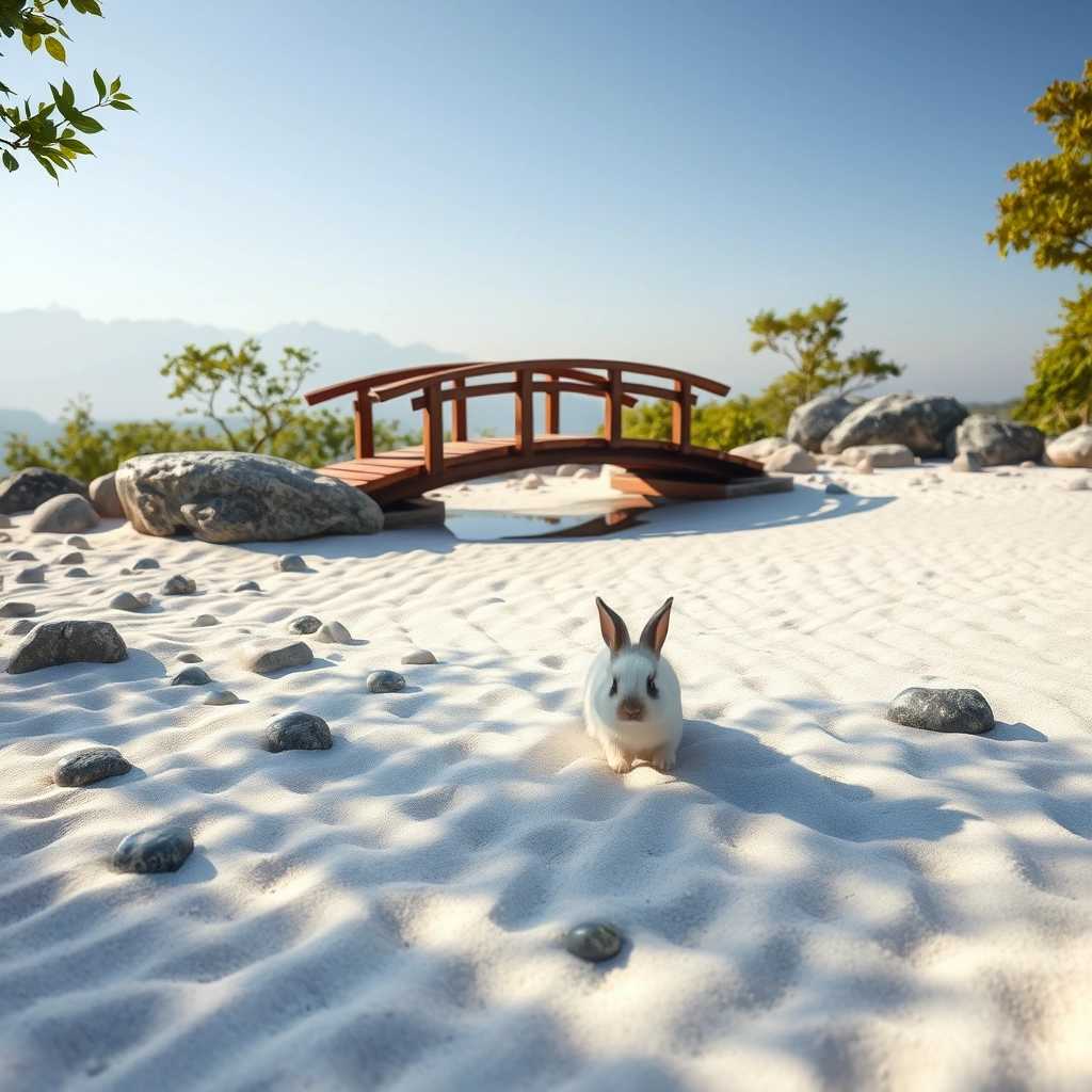 A serene Zen garden scene filled with meticulously raked fine white sand creating intricate patterns that evoke a sense of tranquility. Scattered across the garden are smooth, rounded pebbles in varying shades of gray and beige, arranged thoughtfully to enhance the calming atmosphere. At the center, a classic, arched Japanese bridge made of dark, polished wood gracefully spans a small, crystal-clear stream, reflecting the soft light above. In the foreground, a small, adorable bunny rabbit with fluffy white fur and big, expressive eyes hops playfully through the garden, leaving delicate pawprints in the pristine sand behind him. Surround the scene with gentle green foliage and the soft outlines of distant mountains under a clear blue sky, to create an overall feeling of peace and harmony. The lighting is soft and warm, suggesting a late afternoon glow, with shadows that enhance the textures of the rocks and the bridge, inviting viewers to immerse themselves in this idyllic moment of nature and Zen.