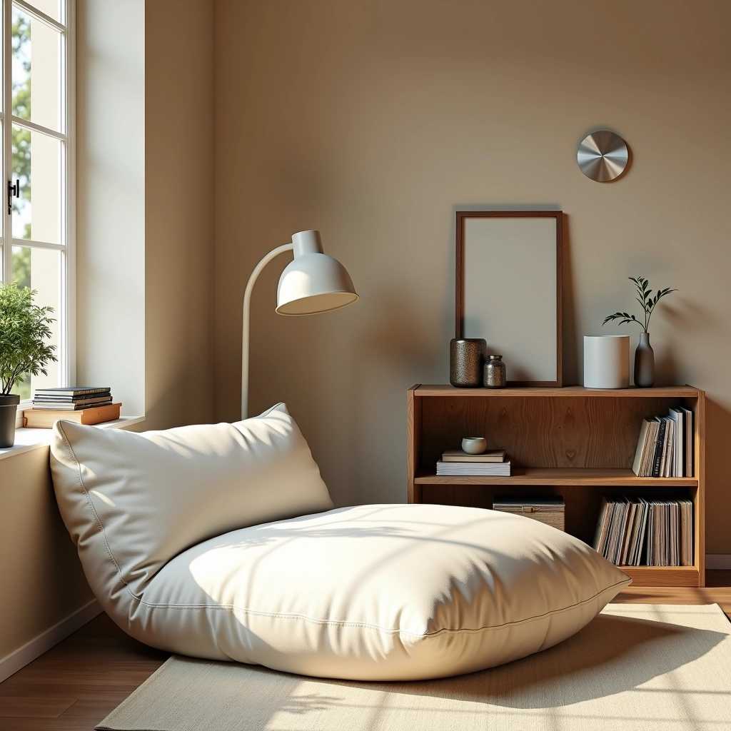 Create a serene and minimalist interior scene with a large, offwhite floor cushion, a simple wooden bookshelf filled with books and a few decorative items, a floor lamp with a flexible neck, a wallmounted light fixture, and a small metallic storage box containing vinyl records. The room should have a warm, earthy color palette with natural lighting enhancing the calm and tranquil atmosphere.