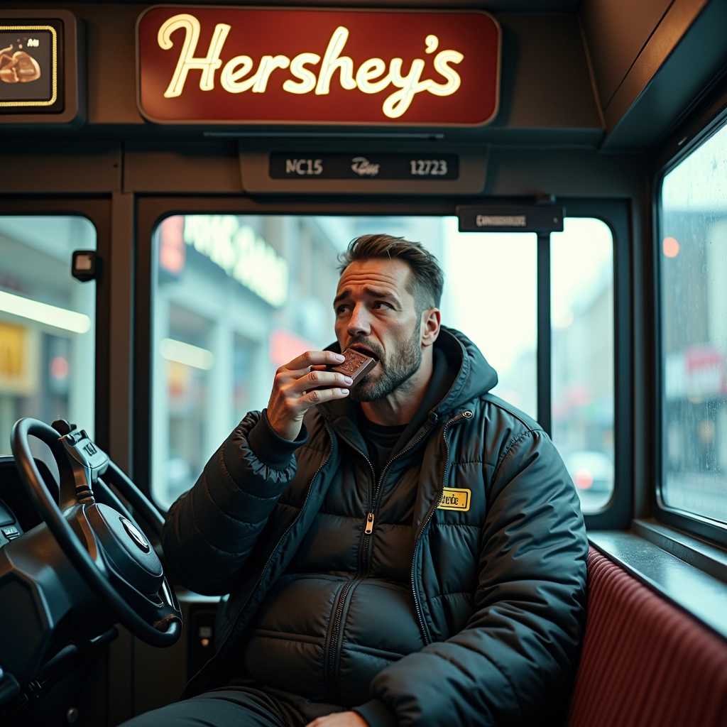 a cyberpunk bus driver eating a piece of chocolate, on a sign above his head an advertisement for a chocolate bar says "Hershey's" in silver text