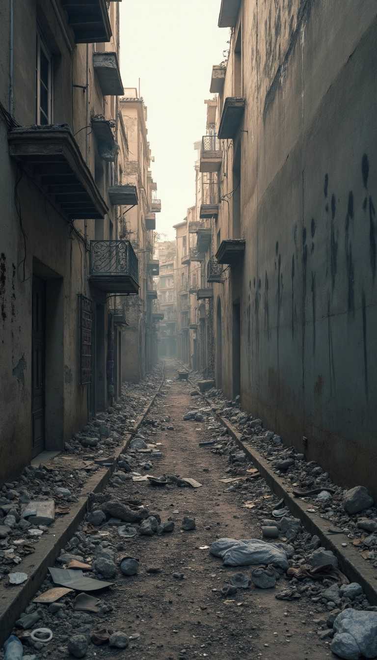The cityscape might include grim reminders of the human cost, such as remnants of personal belongings, discarded clothing, and possibly shadowy outlines of people imprinted on walls by the intense h
