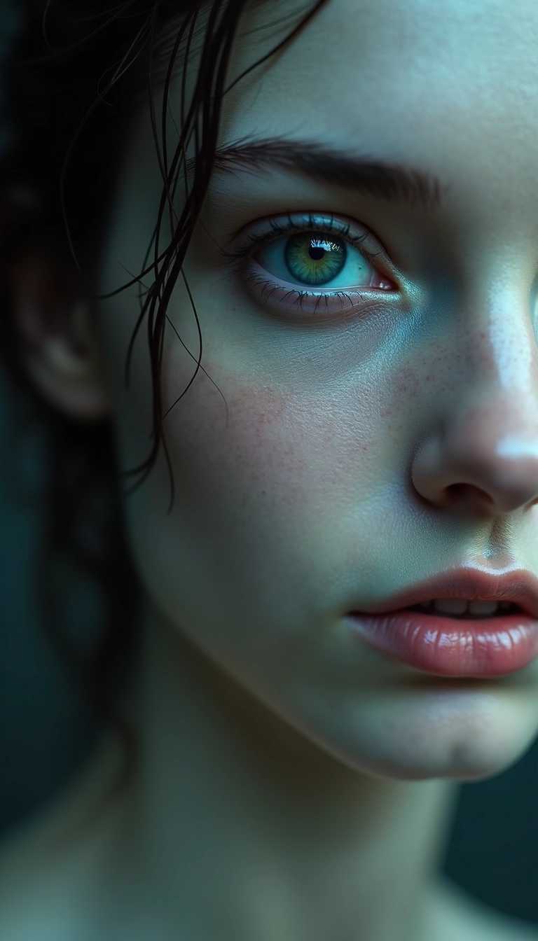 Her face is a haunting symphony of ethereal beauty, with eyes like dark pools reflecting forgotten dreams. Her skin, pale and delicate, glows with an otherworldly light. Features are both sharp and soft, evoking a spectral allure that mingles sorrow with sublime