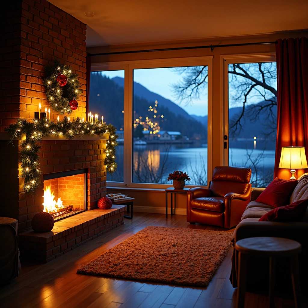 Photography, living room, fireplace Christmas decorations, Lake visible outside windows, dim lighting, night 