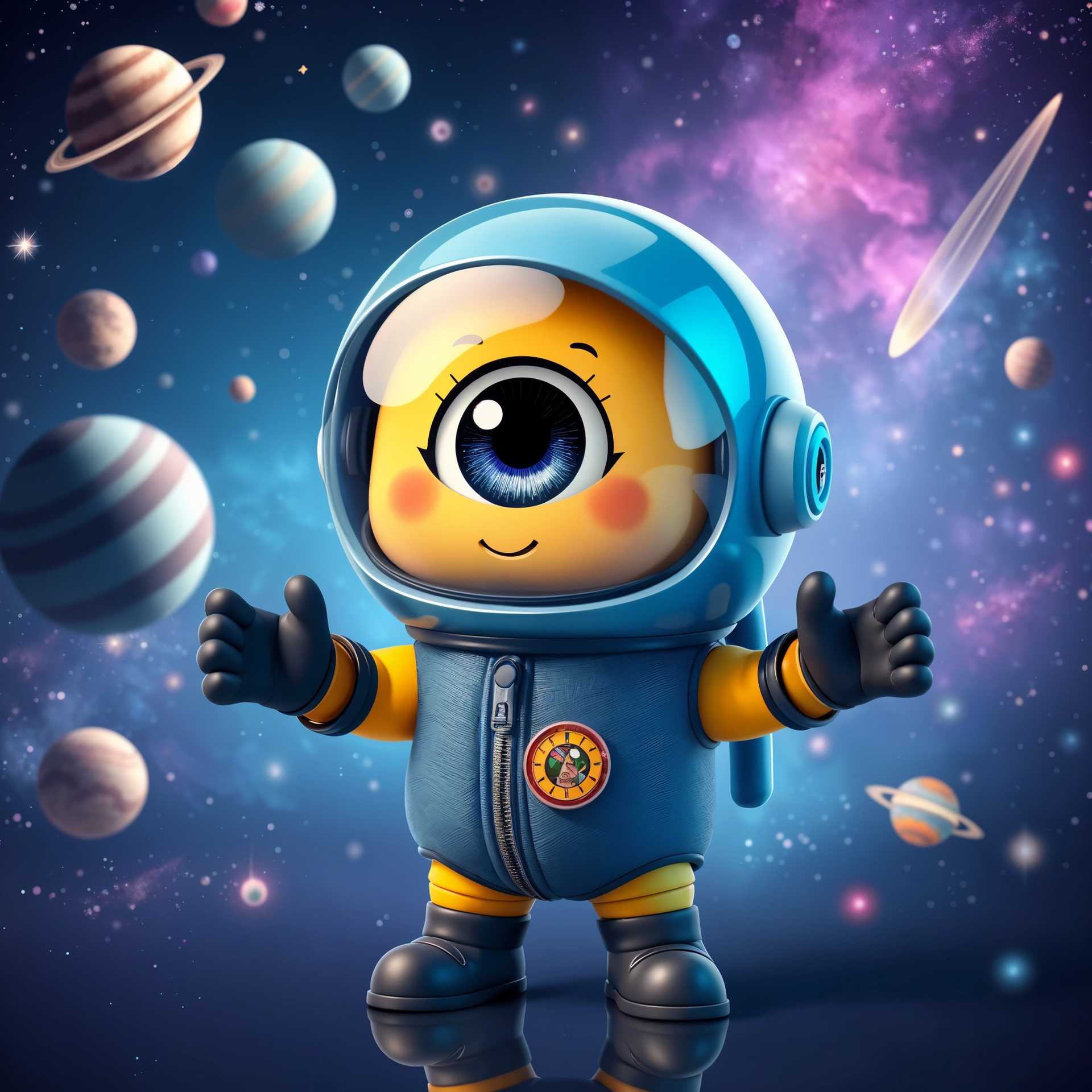 Create a whimsical, 3Drendered character that resembles a small, yellow humanoid with one eye, wearing a blue astronaut helmet with a clear visor. The astronaut is dressed in a detailed blue spacesuit with a zipper and a circular emblem on the chest, black gloves, and boots. The background is a stylized cosmic scene with a variety of planets and stars in shades of blue, purple, and pink, giving a sense of depth and movement. The overall atmosphere is playful and adventurous, with a touch of fantasy.