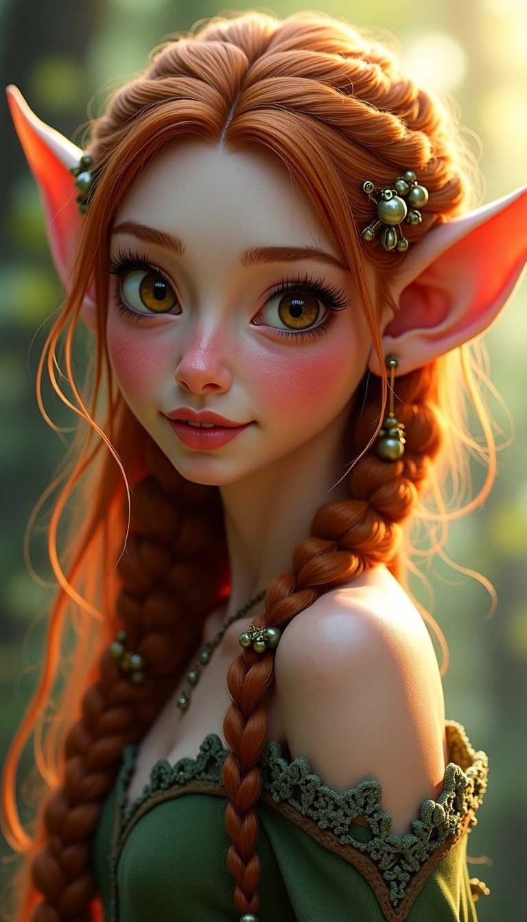 “Create a hyper-realistic portrait of a beautiful young elf with immaculate, radiant skin and delicately pointed ears. Her eyes are expressive and her smile is warm and inviting. She has long, flowing hair with intricate details and subtle nature-inspired accessories. The background should be an ethereal, magical forest with soft, ambient lighting that enhances the realism of her features.”
