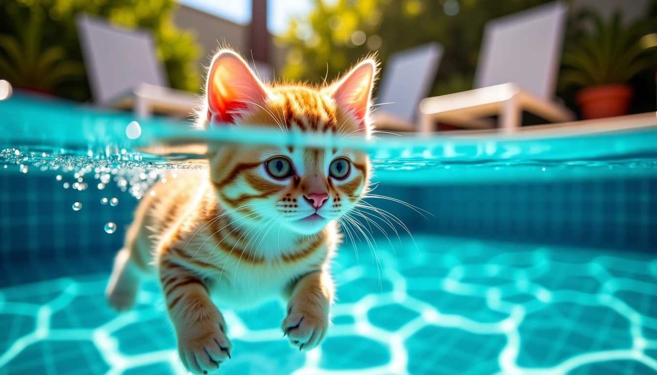 underwater photography, A whimsical scene featuring a cute, fluffy cat playfully swimming underwater in an upscale motel swimming pool. The pool is filled with crystal-clear blue water, reflecting shimmering light patterns on the tiled bottom. Surrounding the pool are elegant lounge chairs and vibrant tropical plants, adding to the luxurious atmosphere. The kitten, with its big, expressive eyes and soft fur, seems both curious and joyful as it paddles gracefully through the water, tiny bubbles escaping from its snout. Sunlight filters through the water, casting a warm, golden glow and creating a serene, enchanting ambiance. The style is hyper-realistic, capturing the intricate details of the kitten’s fur, the rippling water, and the lush surroundings, evoking a sense of lighthearted fun and tranquility.