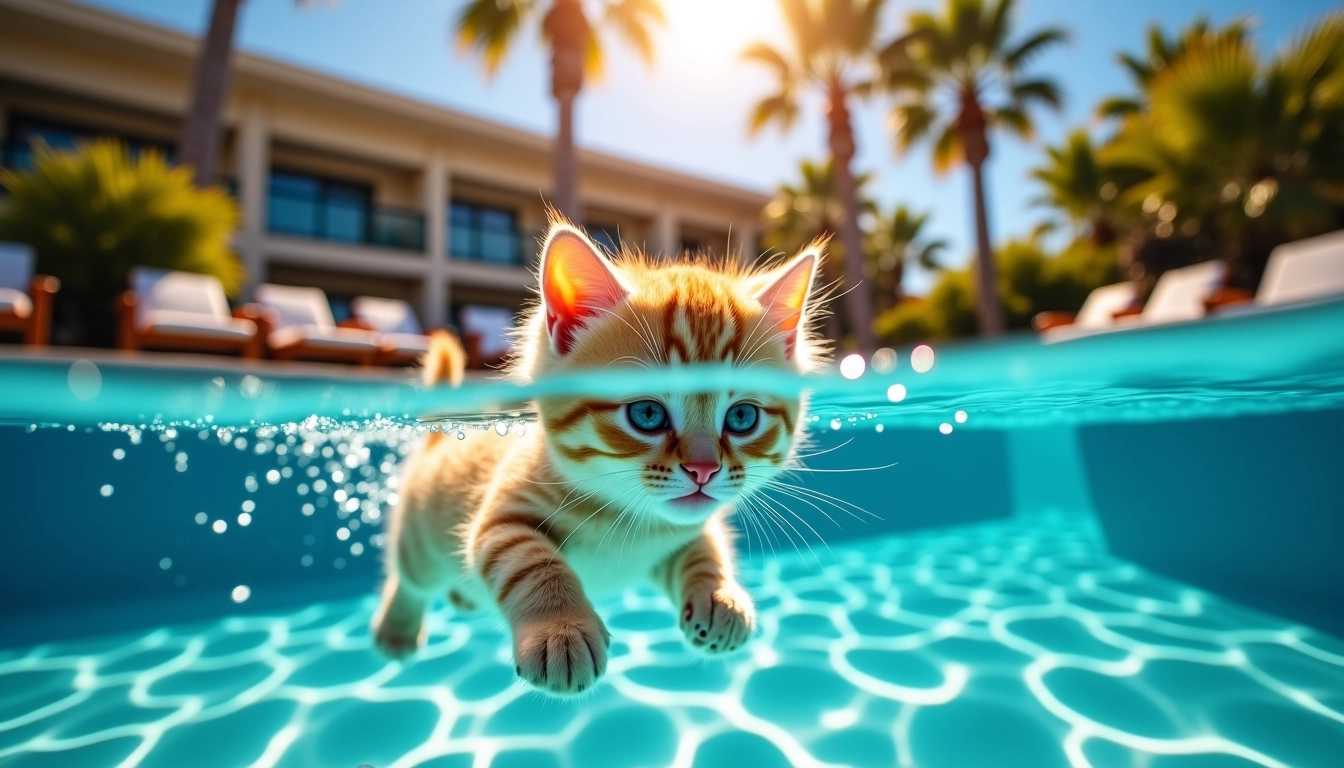 underwater photography, A whimsical scene featuring a cute, fluffy cat playfully swimming underwater in an upscale motel swimming pool. The pool is filled with crystal-clear blue water, reflecting shimmering light patterns on the tiled bottom. Surrounding the pool are elegant lounge chairs and vibrant tropical plants, adding to the luxurious atmosphere. The kitten, with its big, expressive eyes and soft fur, seems both curious and joyful as it paddles gracefully through the water, tiny bubbles escaping from its snout. Sunlight filters through the water, casting a warm, golden glow and creating a serene, enchanting ambiance. The style is hyper-realistic, capturing the intricate details of the kitten’s fur, the rippling water, and the lush surroundings, evoking a sense of lighthearted fun and tranquility.