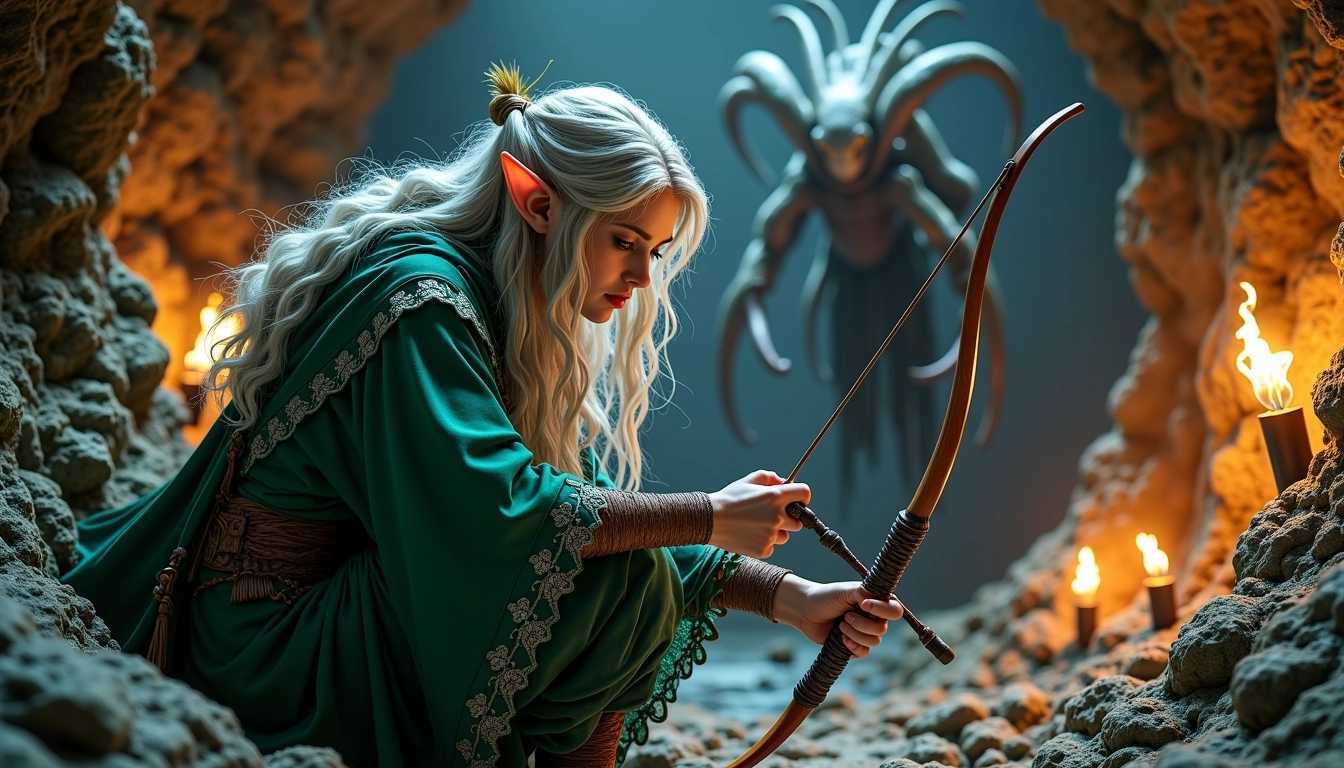 A stunning elven archer, with ethereal features and long flowing silver hair, is stealthily crouched behind a rocky outcropping in a dark, shadowy cave. Her emerald green cloak blends seamlessly with the cave's natural hues, adorned with intricate silver embroidery that glimmers subtly in the dim light. Her delicate but strong fingers grip a beautifully crafted bow made of ancient wood, strung tightly with shimmering elven string. In the background, the sinister silhouette of a mindflayer looms, its tentacled face illuminated by the flickering flames of torches mounted on the rough, glowing stone walls, casting dancing shadows around the cavern. The atmosphere is tense, filled with the potential for conflict, as the air carries a hint of damp earth and the faint smell of burning wood. The composition captures the moment of suspense, with a focus on the elven archer's vigilant expression and the dark menace of the mindflayer, set against the eerie, torch-lit backdrop of the cave.